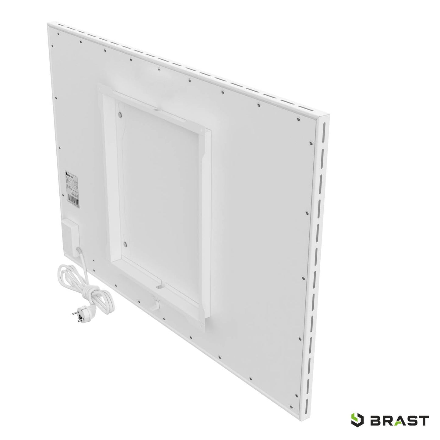 Weiße flache Hybrid Infrarotheizung ISP-HB 700 mit Netzstecker und rückseitiger Halterung.