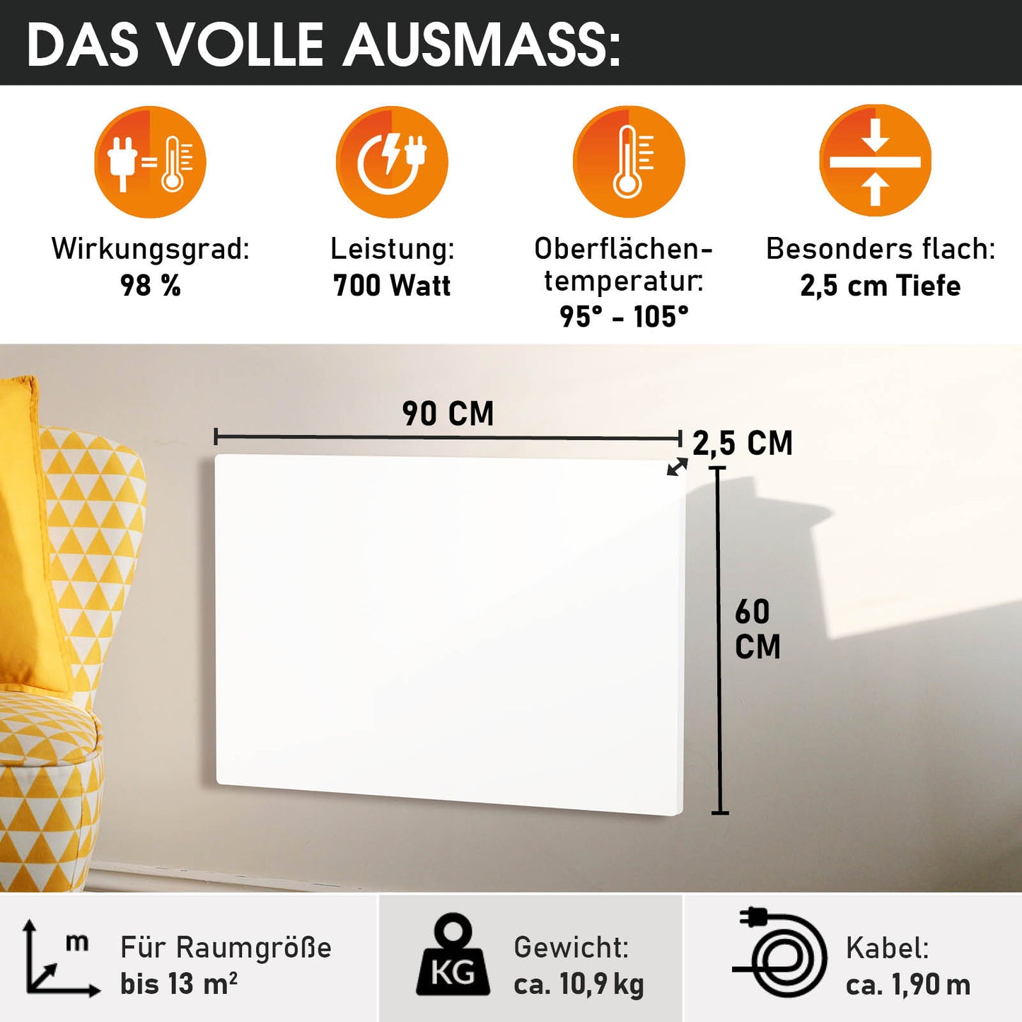 Weiße Hybrid Infrarotheizung 90x60 cm, 700 Watt, 2,5 cm flach, glatte Oberfläche.
