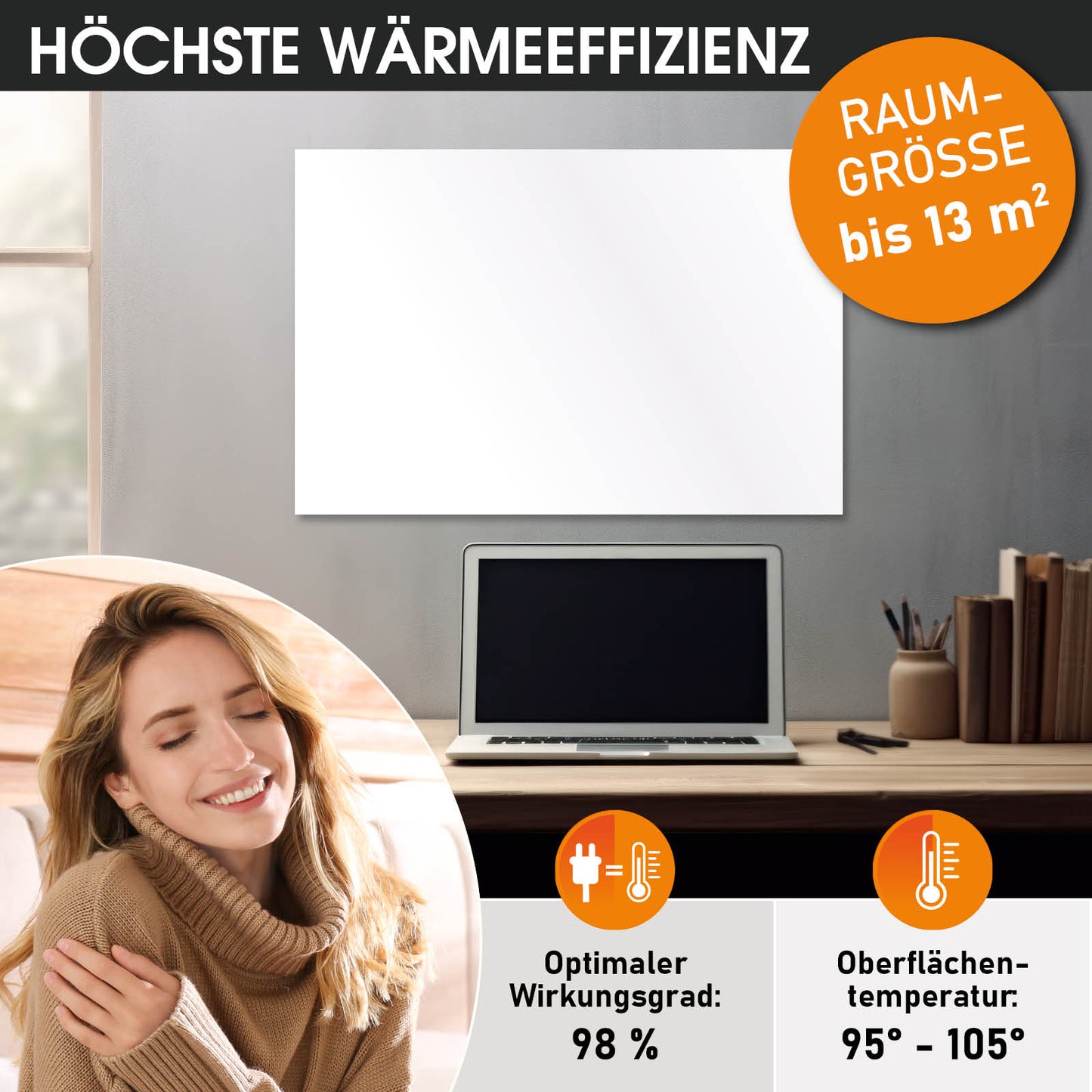 Weiße flache Hybrid Infrarotheizung ISP-HB 700, minimalistisches Design, hängend an weißer Wand.
