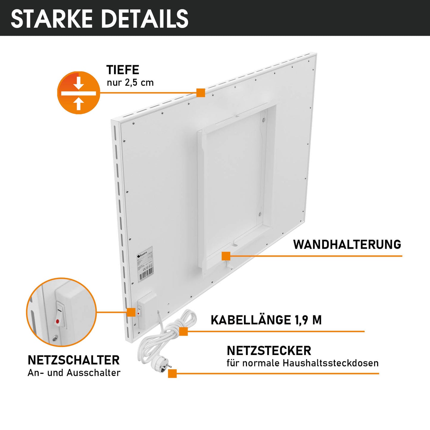 Weiße Hybrid-Infrarotheizung mit 2,5 cm Tiefe, Wandhalterung, Netzschalter und 1,9 m Kabel.