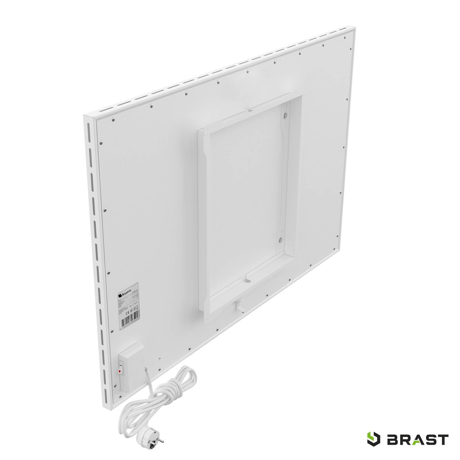 Weiße Hybrid Infrarotheizung ISP-HB 700 mit Rückwandhalterung und Stromkabel.