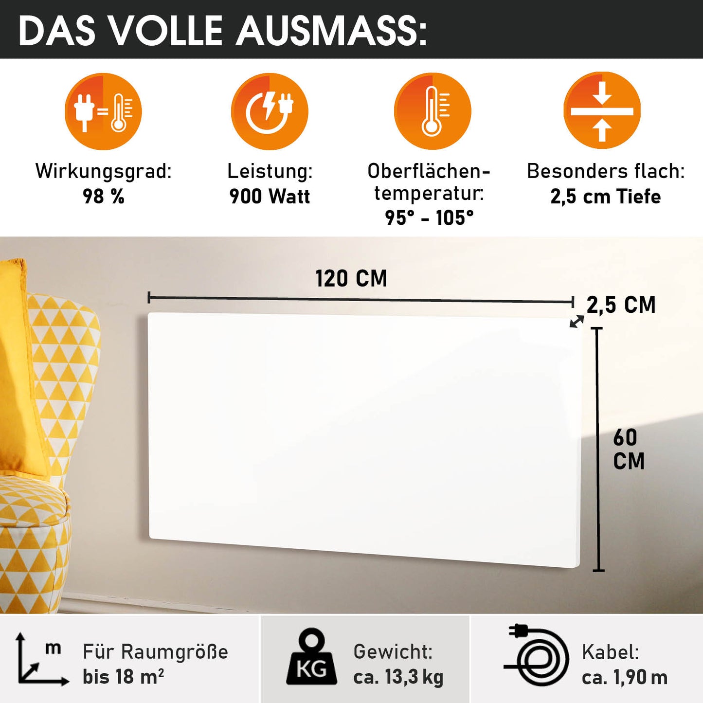 Weiße, flache Hybrid Infrarotheizung 120x60 cm, 2,5 cm tief, 900 Watt Leistung.