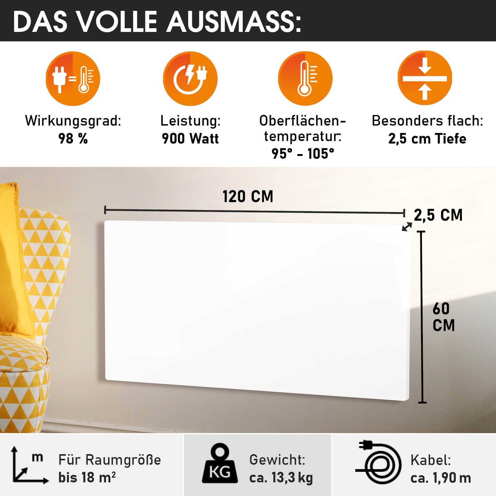 Weiße, flache Hybrid Infrarotheizung 120x60 cm, 2,5 cm tief, 900 Watt Leistung.