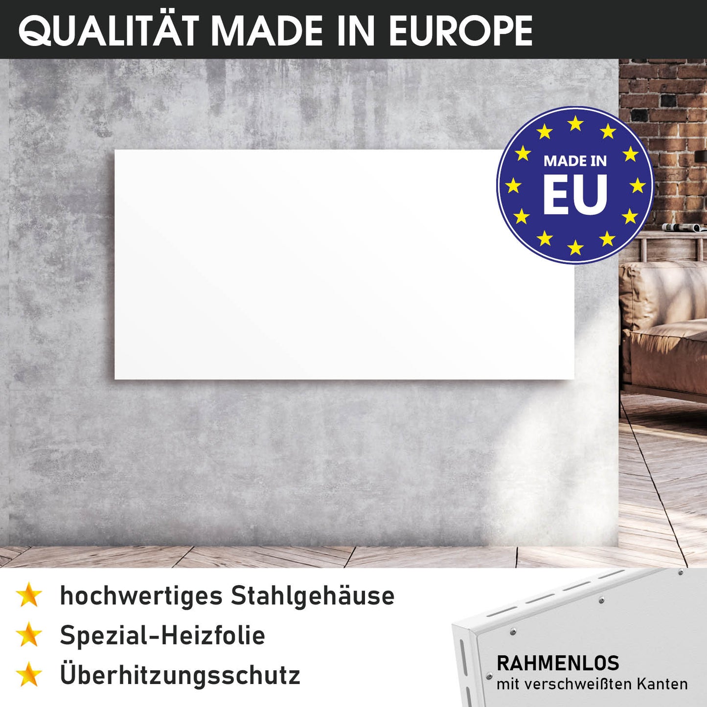 Weiße rechteckige Hybrid-Infrarotheizung mit rahmenlosem Design an grauer Wand.