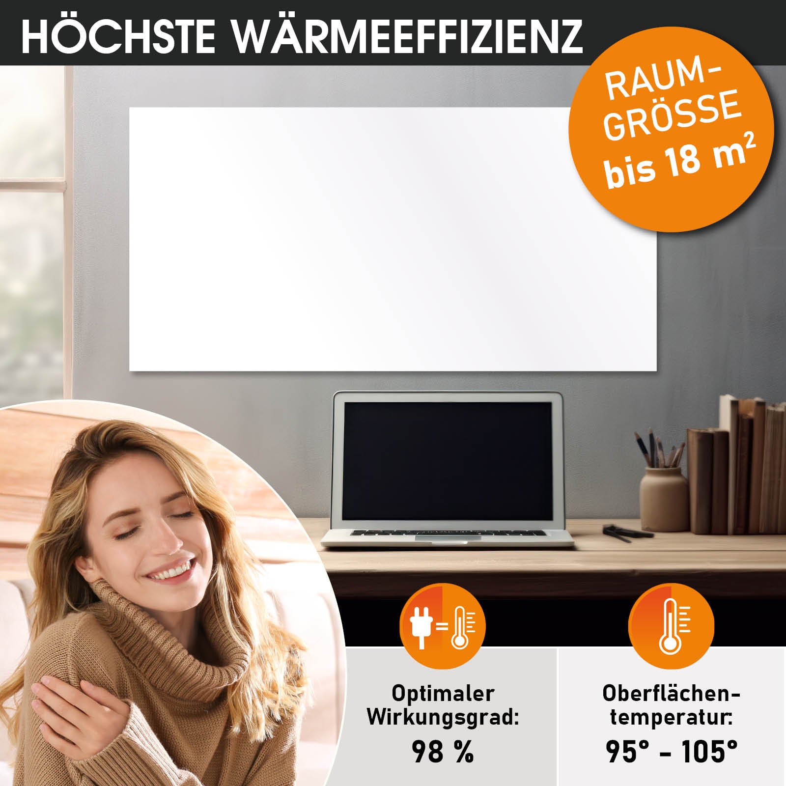 Weiße Hybrid Infrarotheizung ISP-HB 900 mit glatter Oberfläche, wandmontiert über Schreibtisch.