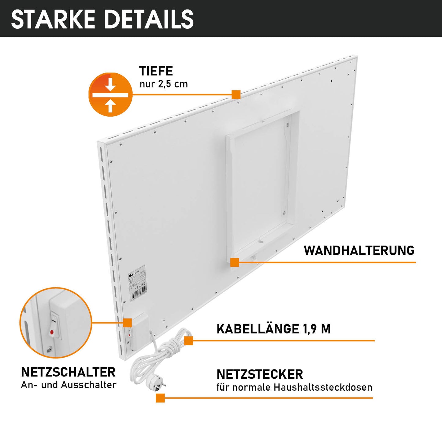Weiße flache Hybrid Infrarotheizung mit Wandhalterung, Netzschalter und 1,9 m Kabel.