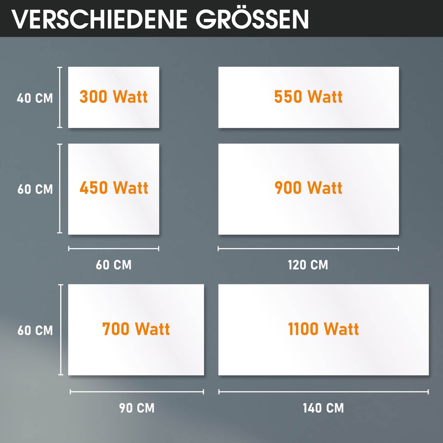 Vier weiße flache Hybrid-Infrarotheizungen in verschiedenen Größen mit Wattangaben auf dunkelgrauem Hintergrund.