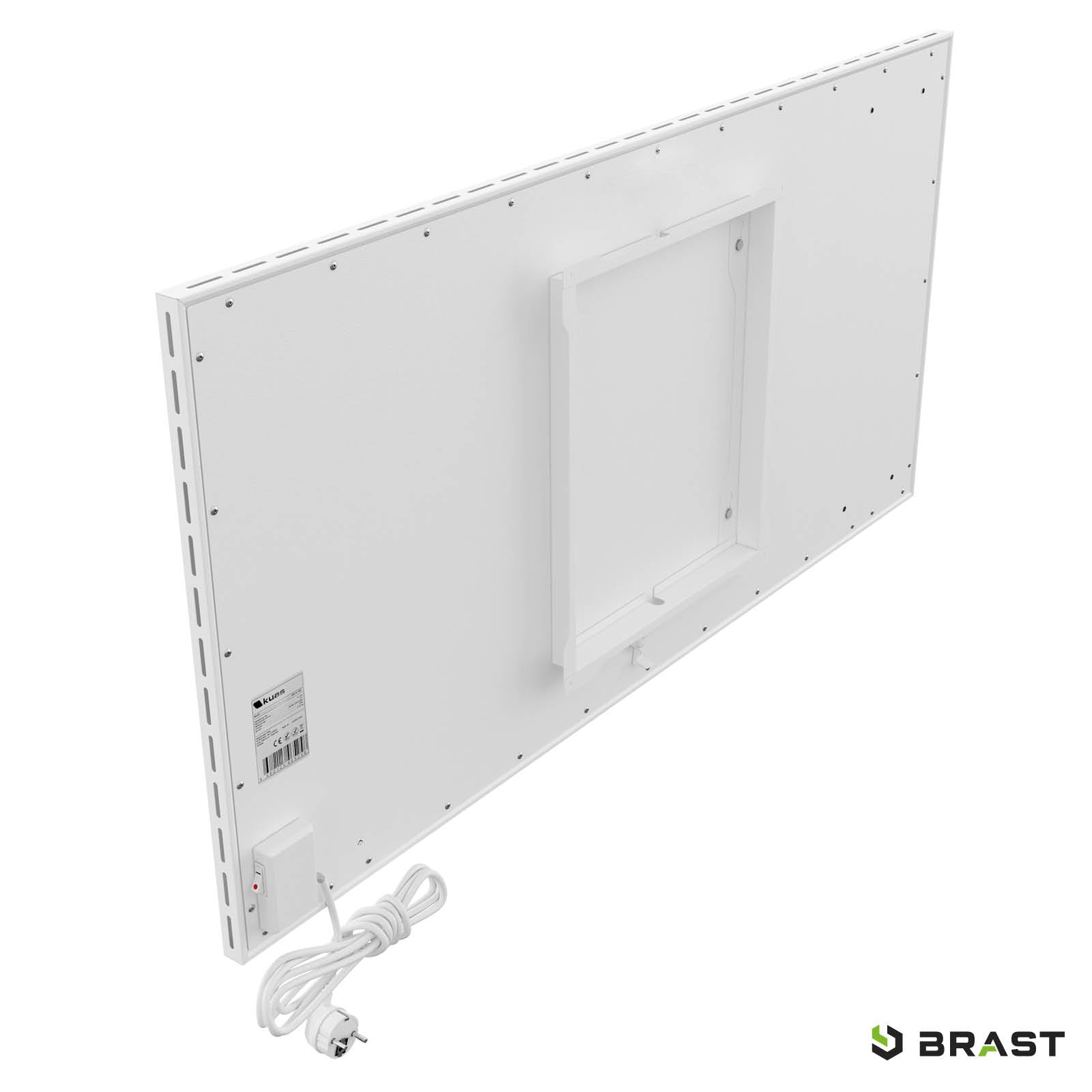 Weiße flache Hybrid-Infrarotheizung ISP-HB 900 mit Rahmenhalterung und Stromkabel.