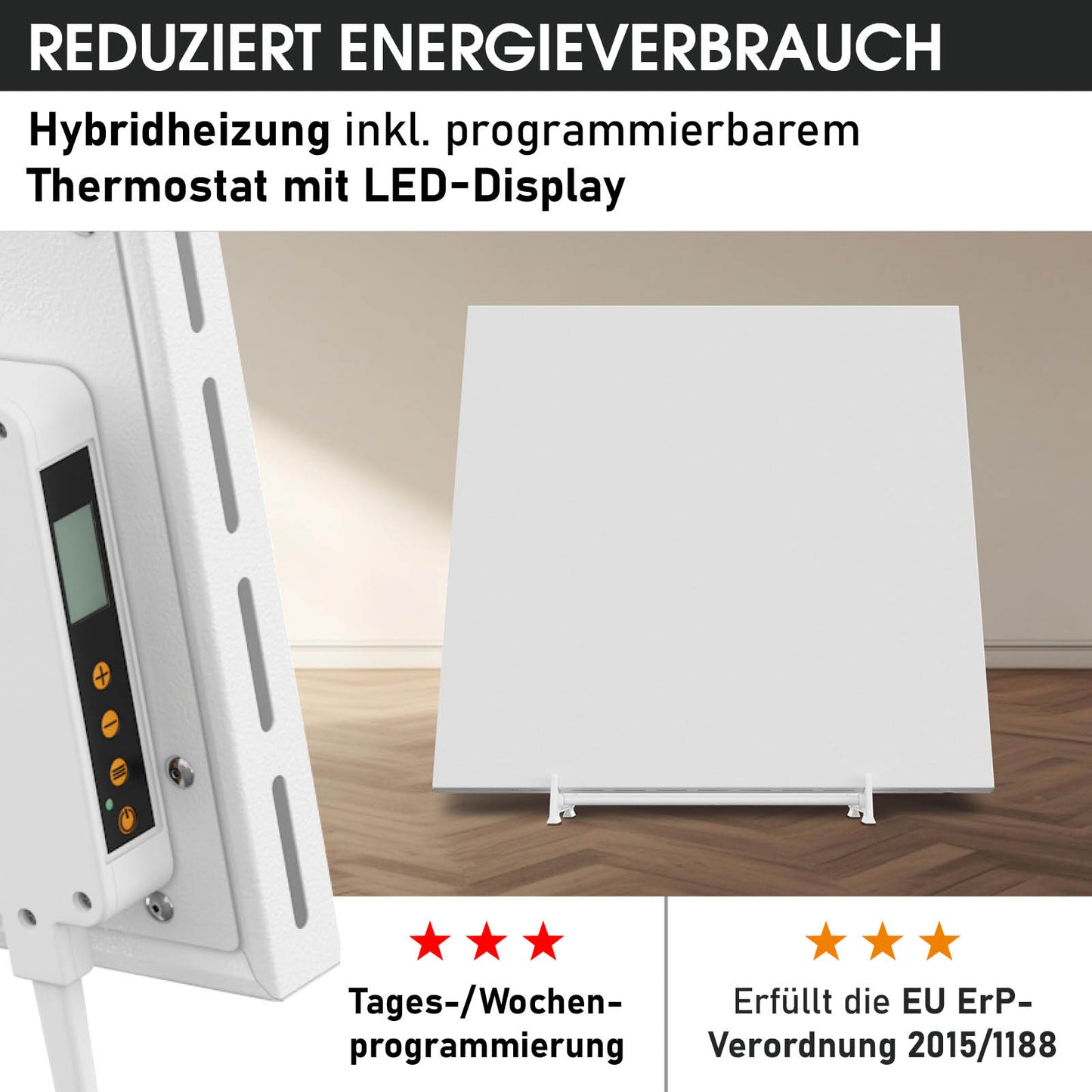 Weißes Hybrid-Infrarotheizung Standgerät mit flachem Design und programmierbarem Thermostatdisplay.