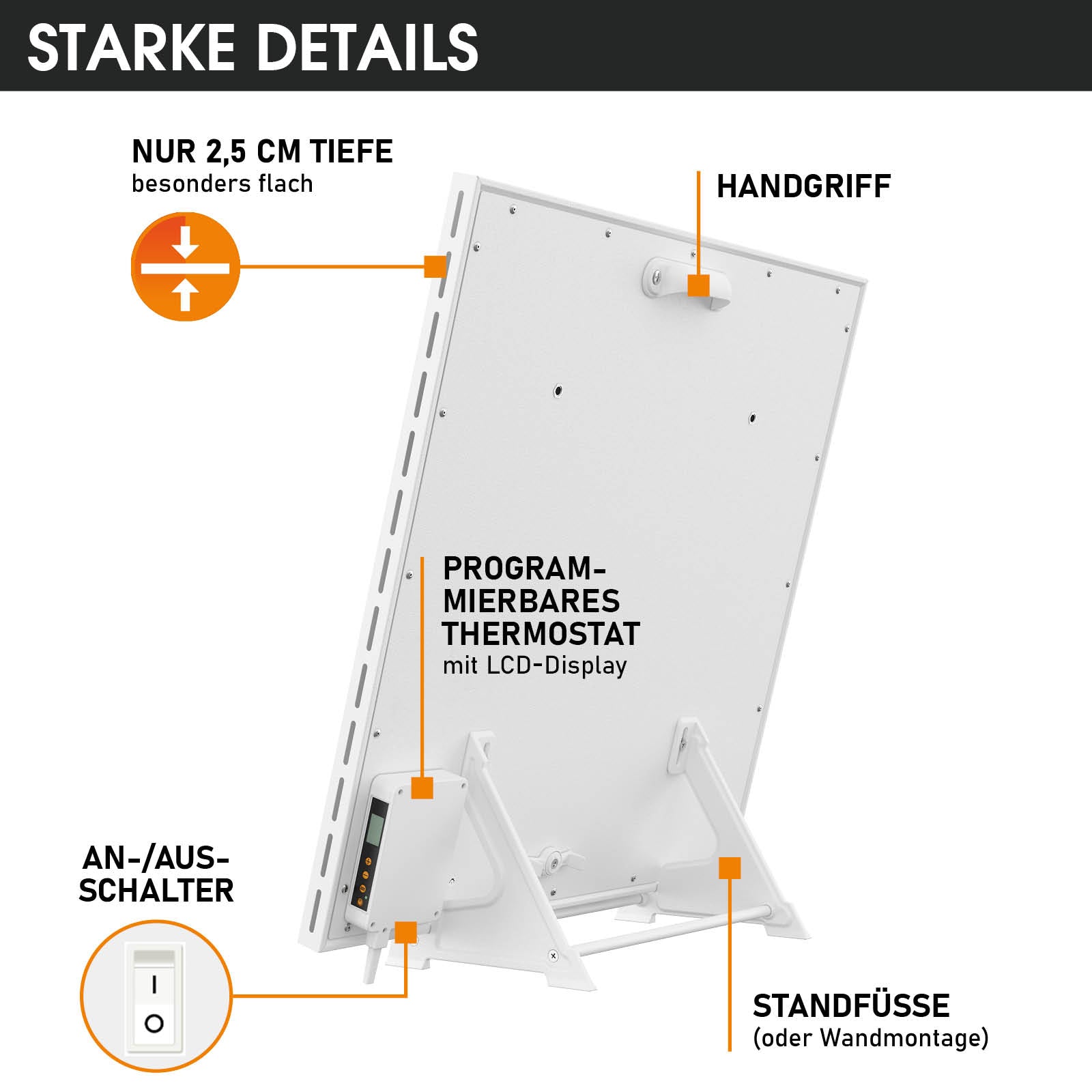 Weißes Hybrid-Infrarotheizung Standgerät mit Programmierbarem Thermostat und Standfüßen, 2,5 cm flach.