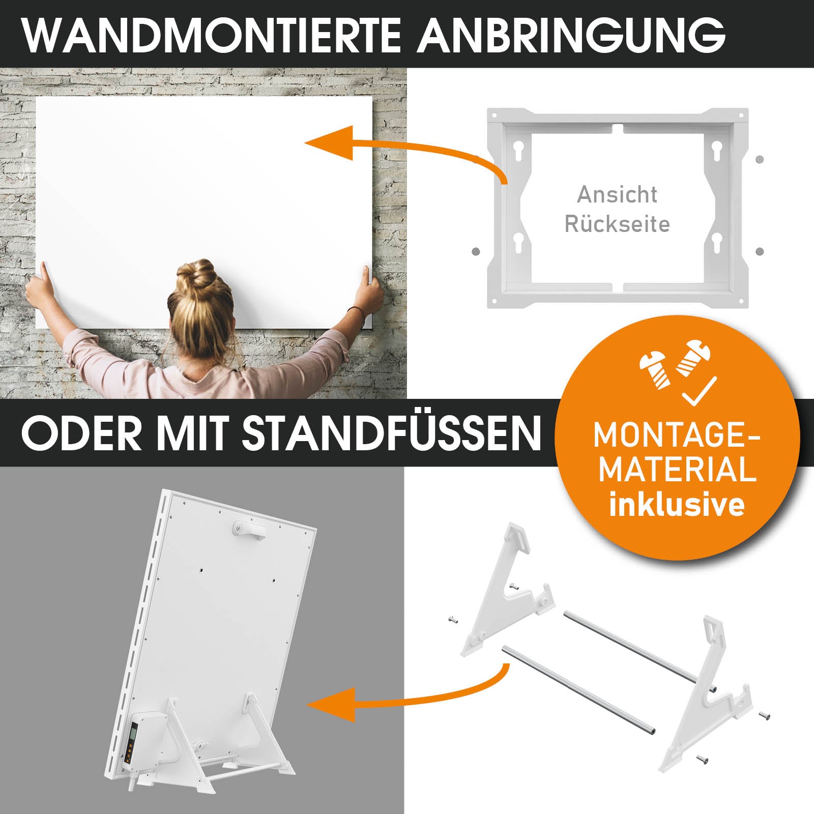 Hybrid Infrarotheizung Standgerät ISP-HB 450 mit verstellbarem Standfuß und Wandhalterung, weiß.