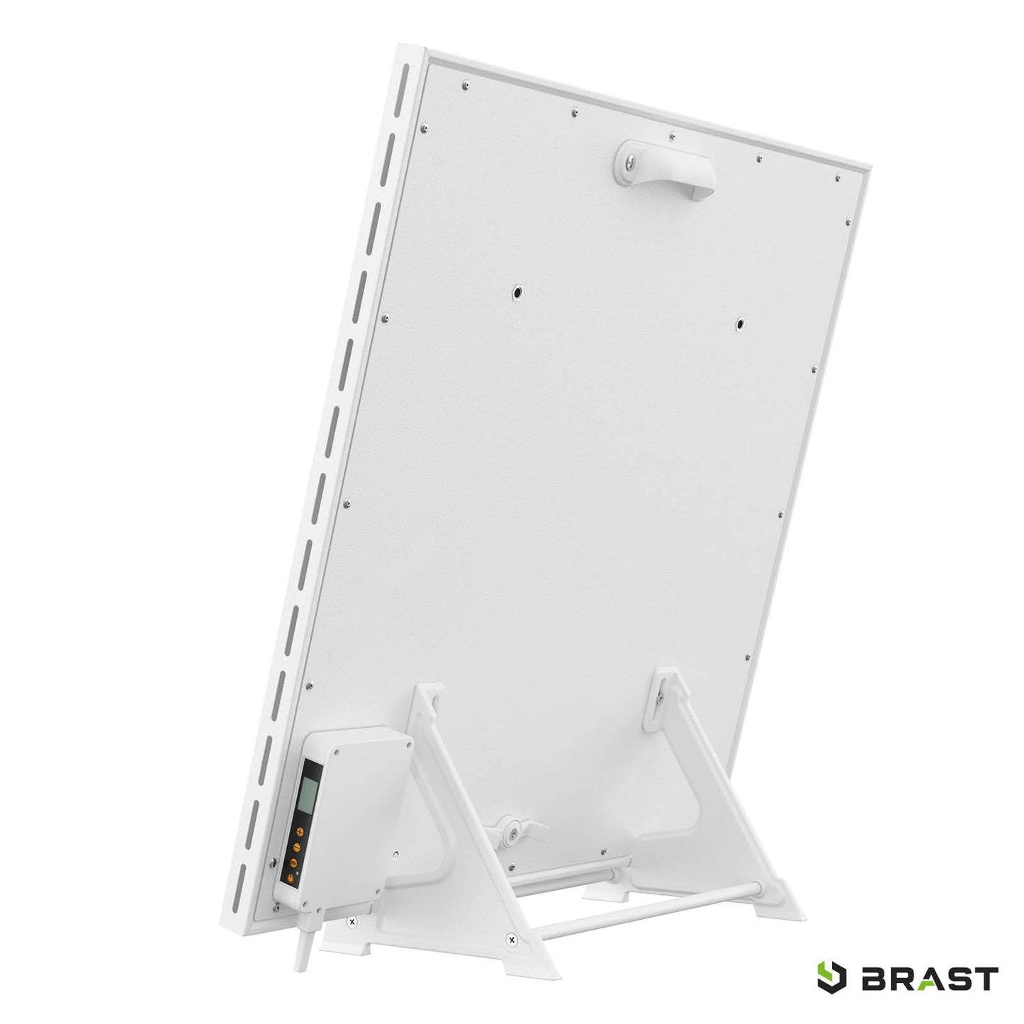 Weißes Hybrid Infrarotheizung Standgerät mit Thermostat, schlankes rechteckiges Design, seitliche Lüftungsschlitze, stabiler .