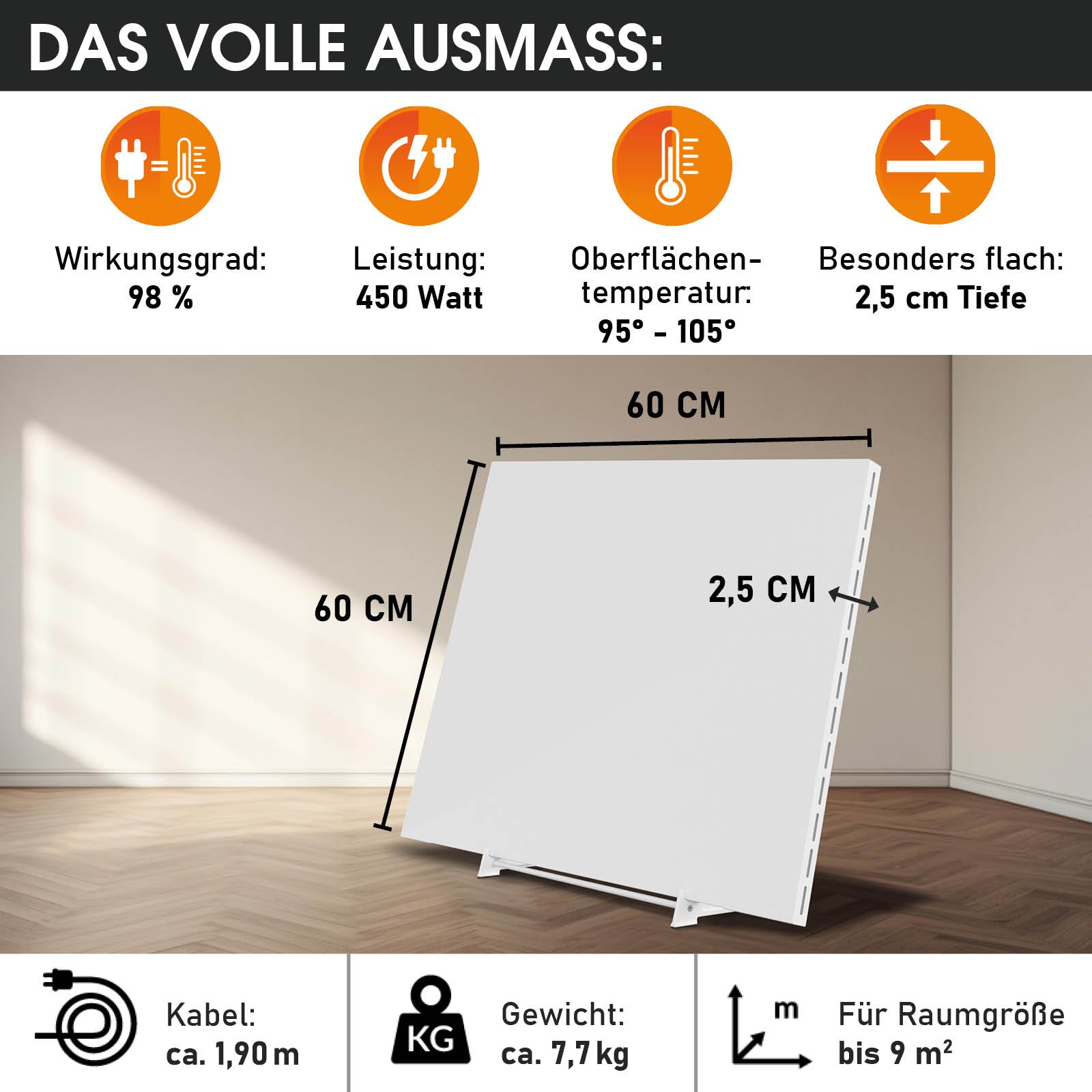Weiße hybride Infrarotheizung als Standgerät, 60x60 cm, 2,5 cm flach mit Thermostat, modern.