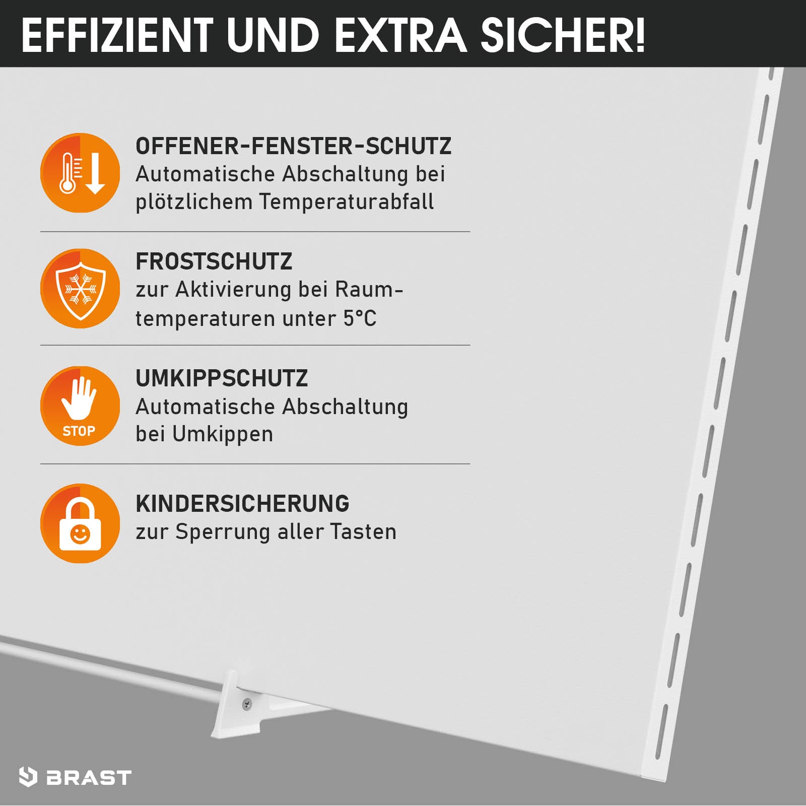 Weißes vertikales Standgerät für Infrarotheizung mit Lüftungsschlitzen und Steuerungsfunktionen.