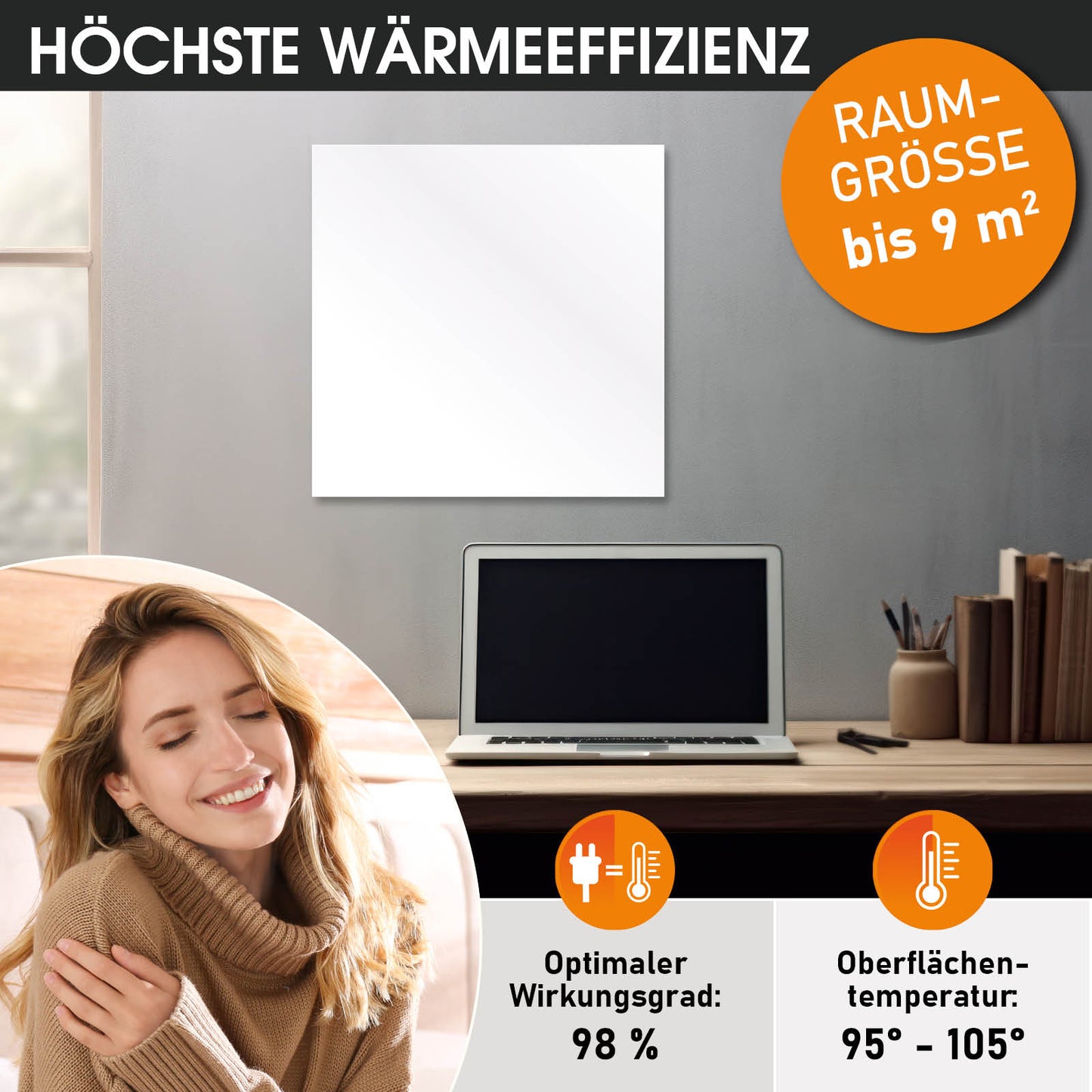 Weiße, quadratische Hybrid Infrarotheizung als Standgerät an grauer Wand mit kleinem Thermostat.