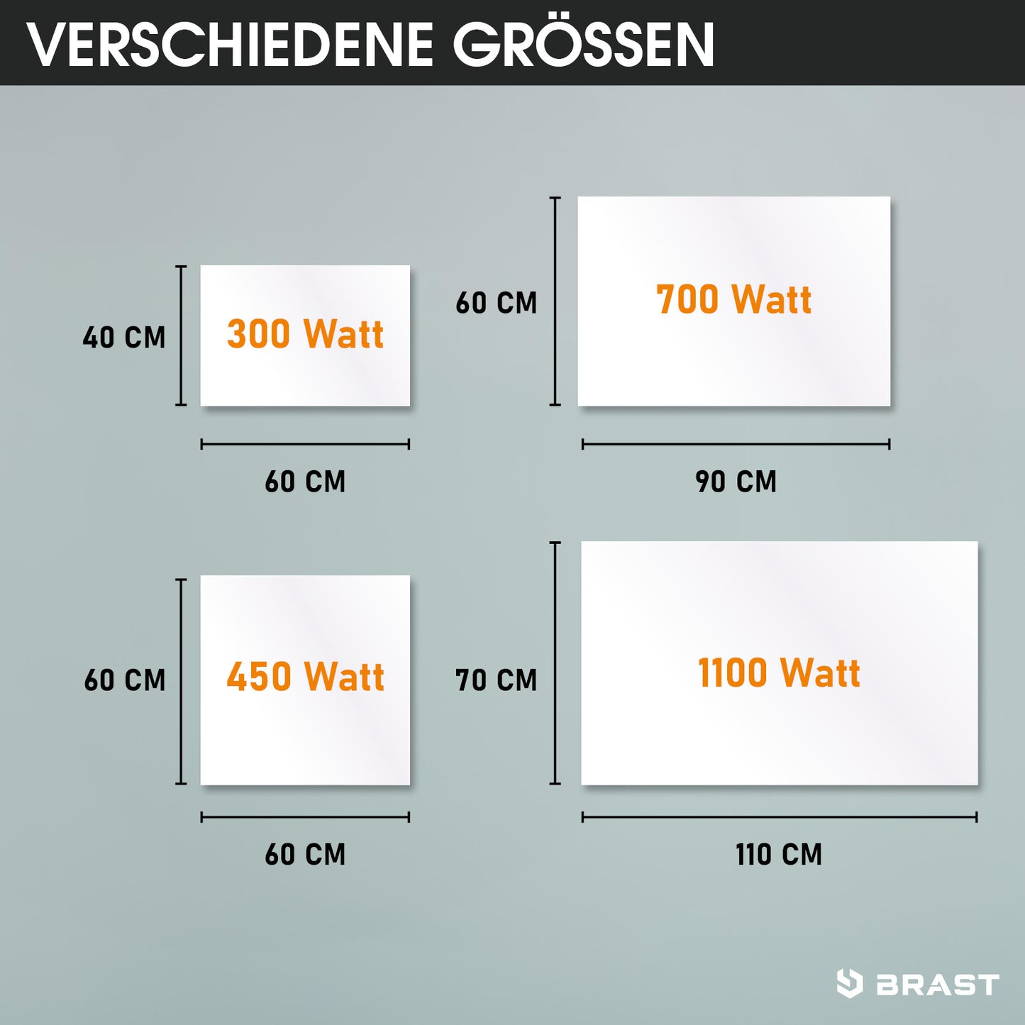 Vier rechteckige Infrarotheizungen in verschiedenen Größen und Wattstärken an grauer Wand.