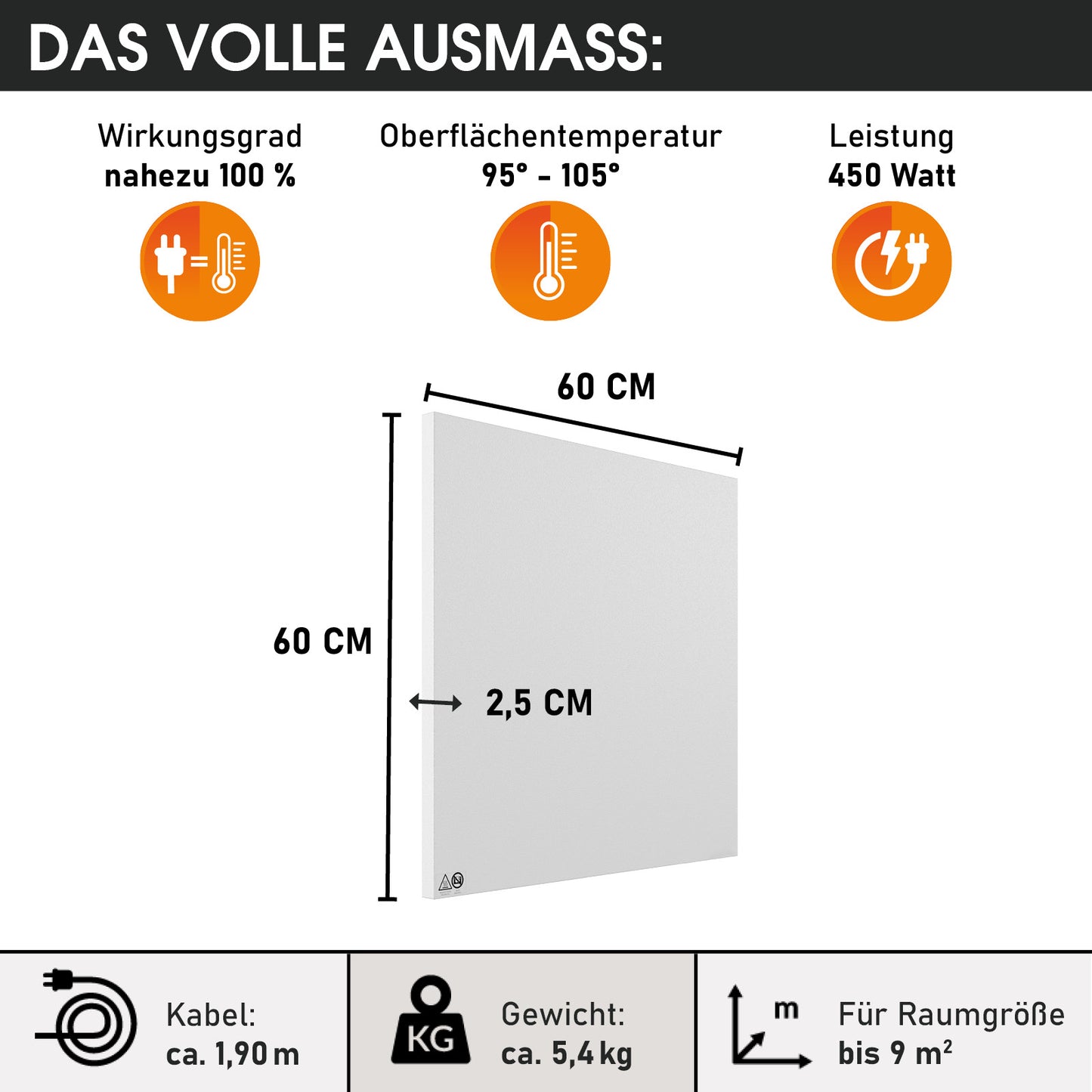 Weiße quadratische Infrarotheizung 60x60 cm, 2,5 cm flach, Leistung 450 Watt.