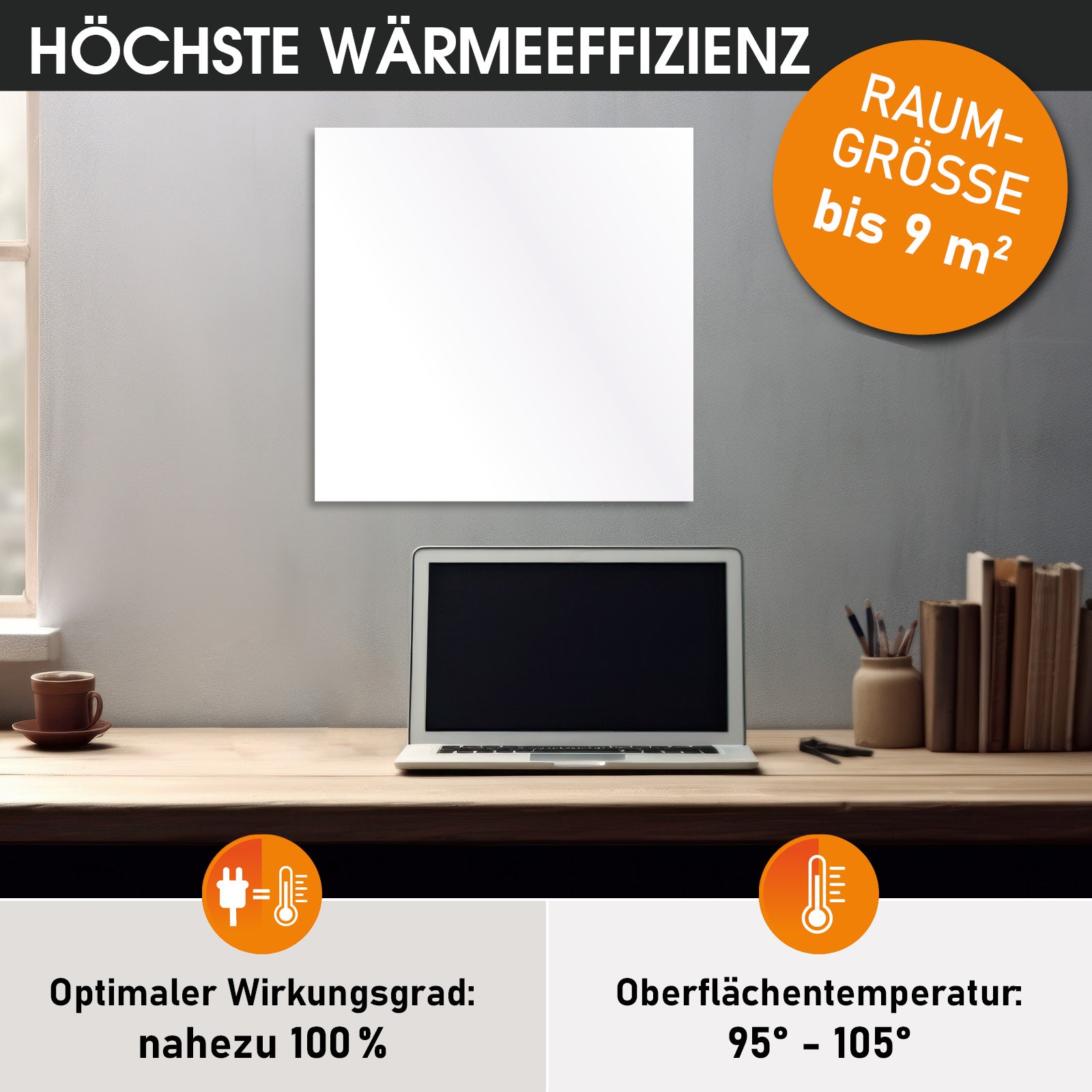 Weiße quadratische Infrarotheizung an grauer Wand über Schreibtisch mit Laptop und Bücherstapel.