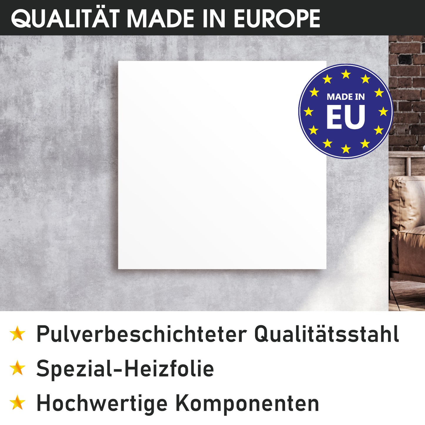 Weiße rechteckige Infrarotheizung aus pulverbeschichtetem Stahl mit glatter Oberfläche.