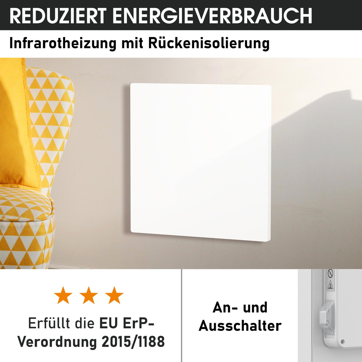 Weiße flache Infrarotheizung BRAST IP 450 an heller Wand neben gelbem gemustertem Sessel.