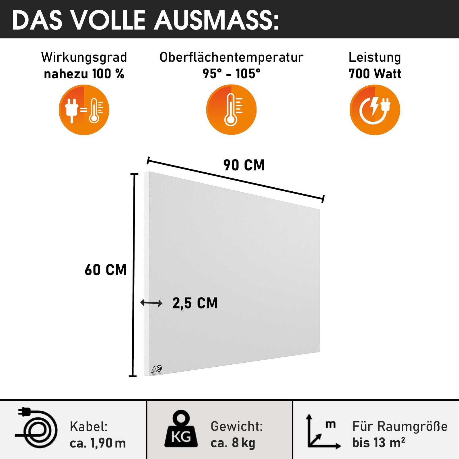 Weiße flache Infrarotheizung 90x60 cm mit 2,5 cm Tiefe, 700 Watt Leistung.