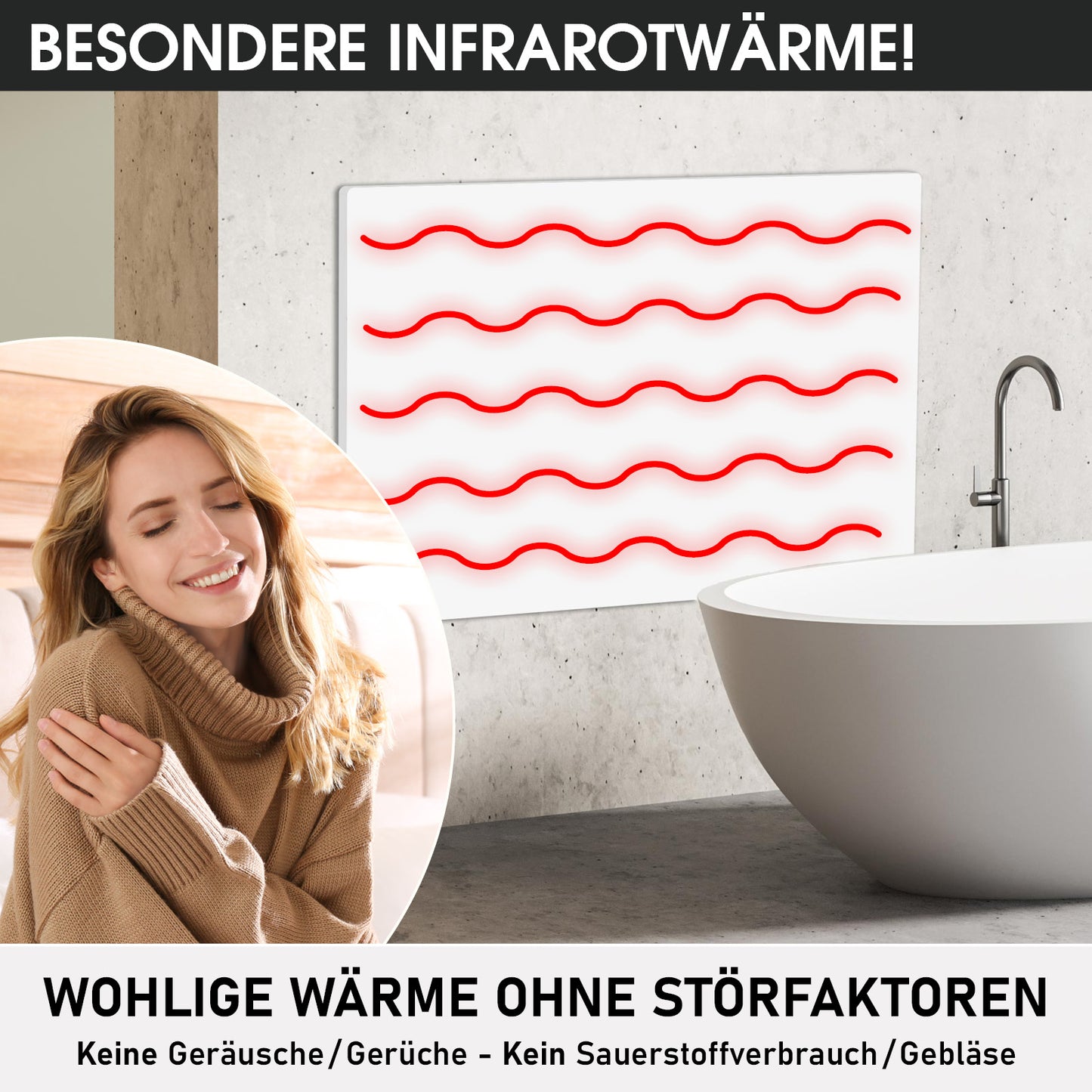 Weiße rechteckige Infrarotheizung an Wand über Badewanne mit roter Wellenwärmeillustration.
