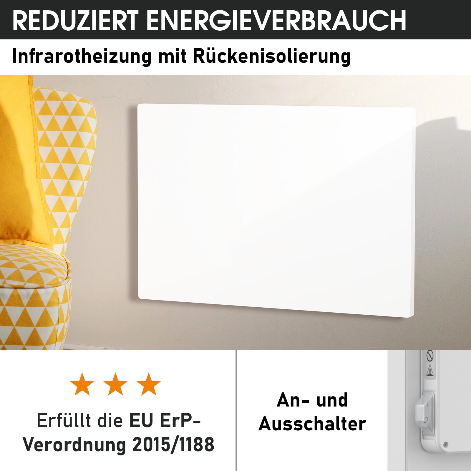 Weiße rechteckige Infrarotheizung mit glatter Oberfläche an beiger Wand neben gelb-weiß gemustertem Sessel.