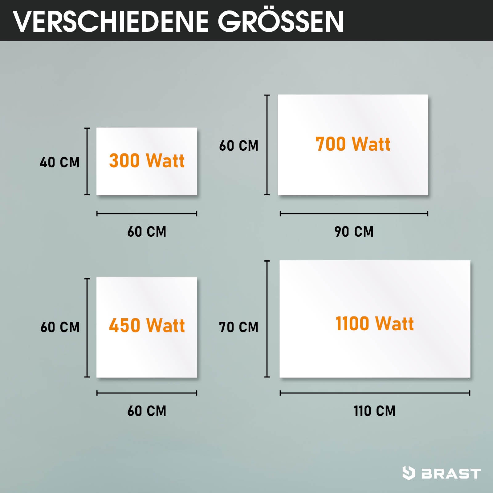 Vier weiße rechteckige BRAST Infrarotheizungen mit watt- und größenangaben auf grauem hintergrund.