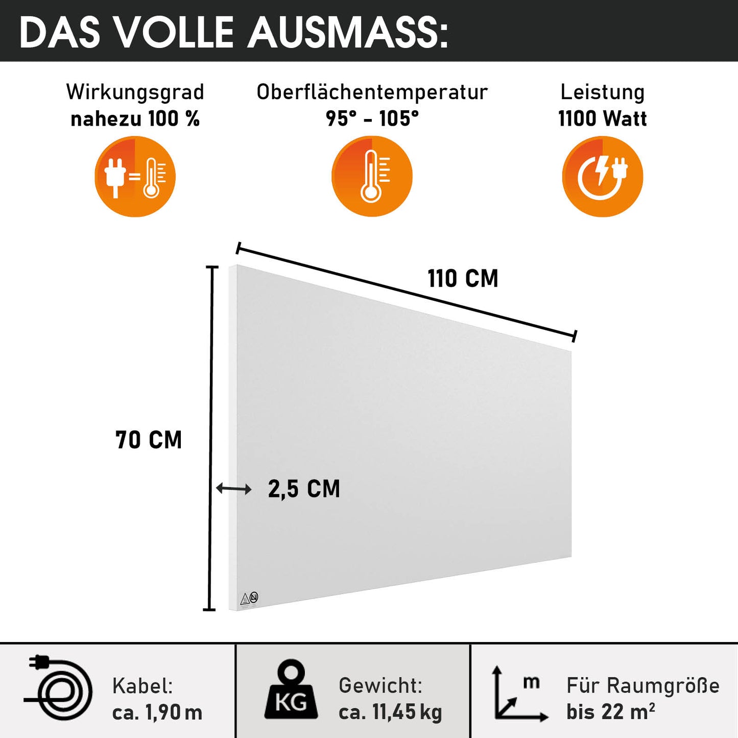 Weiße flache Infrarotheizung 110x70 cm mit 2,5 cm Tiefe und 1100 Watt Leistung.