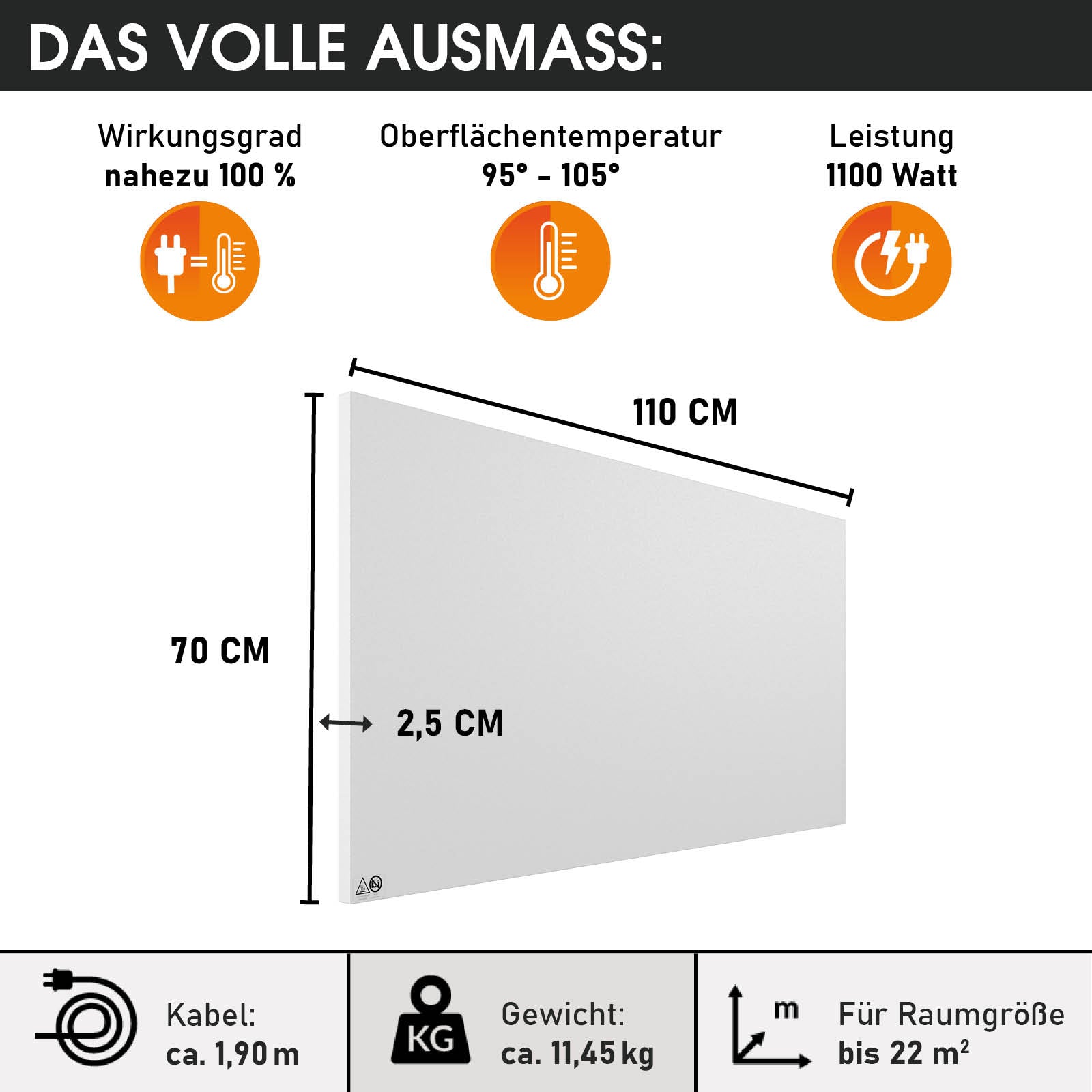 Weiße flache Infrarotheizung 110x70 cm mit 2,5 cm Tiefe und 1100 Watt Leistung.