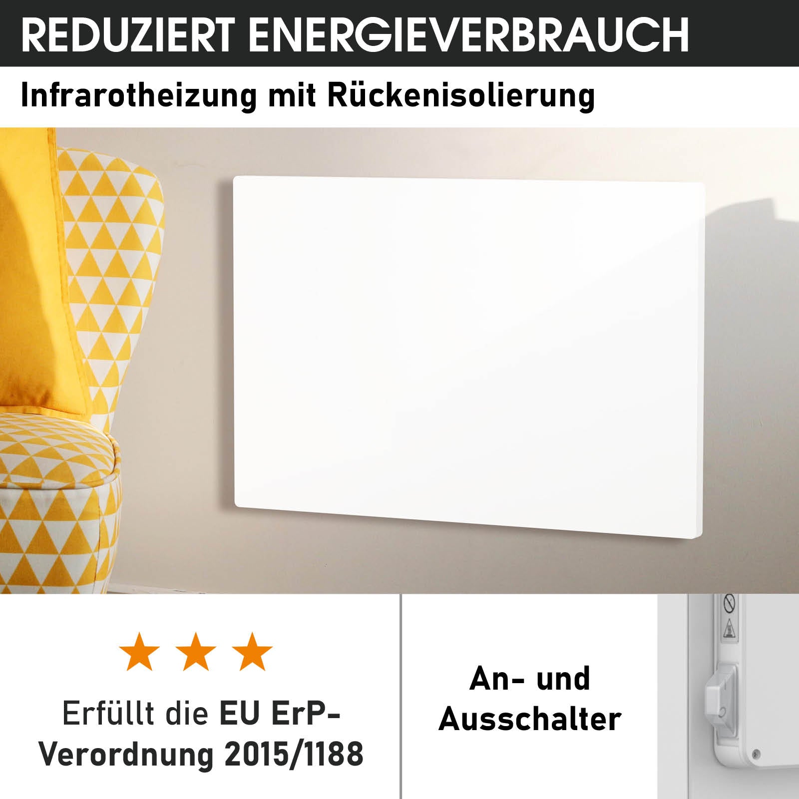 Weiße rechteckige Wand-Infrarotheizung mit glatter Oberfläche und schmalem Profil.