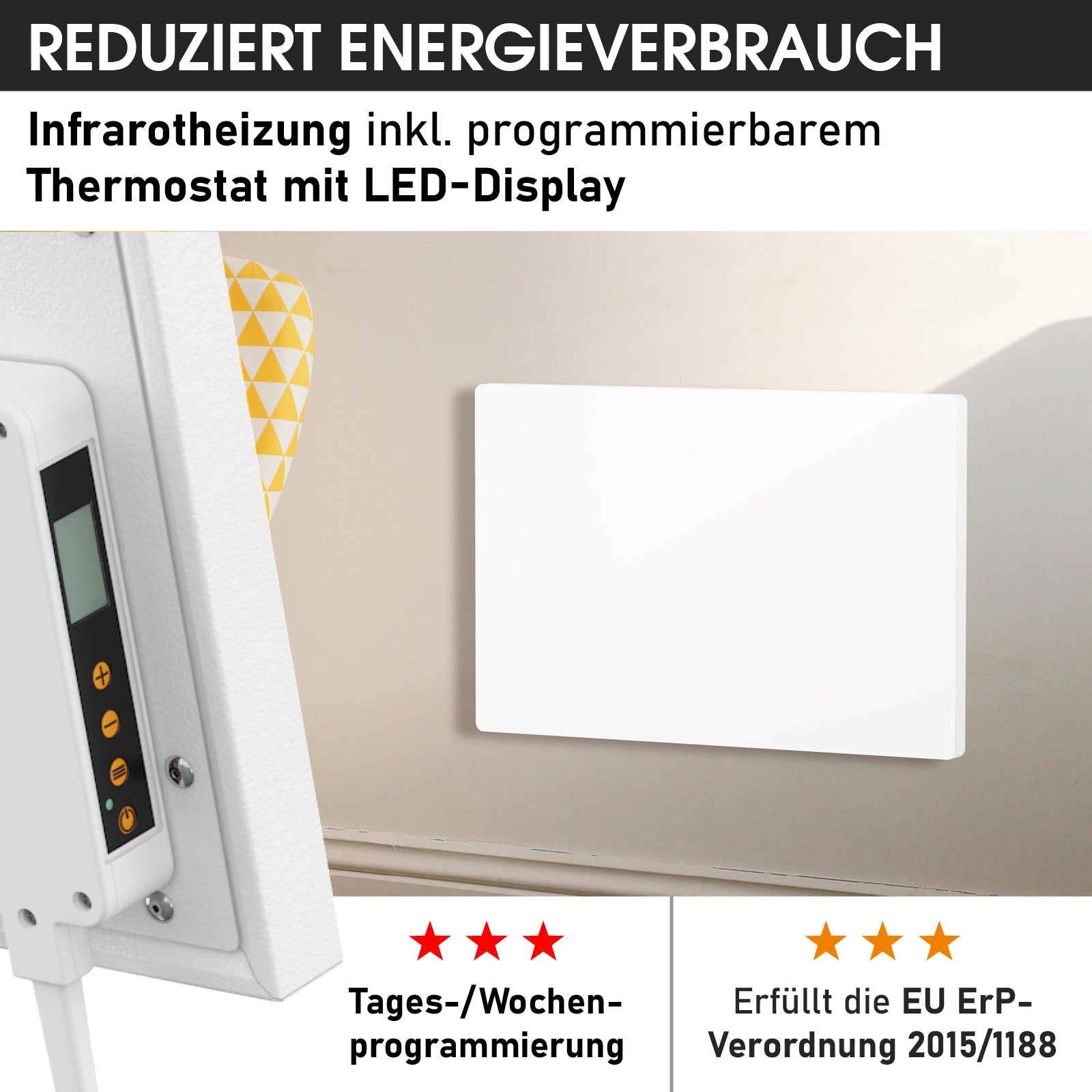 Weiße BRAST Infrarotheizung IP-TH 300 mit flachem Design und programmierbarem Thermostat mit LED-Display.