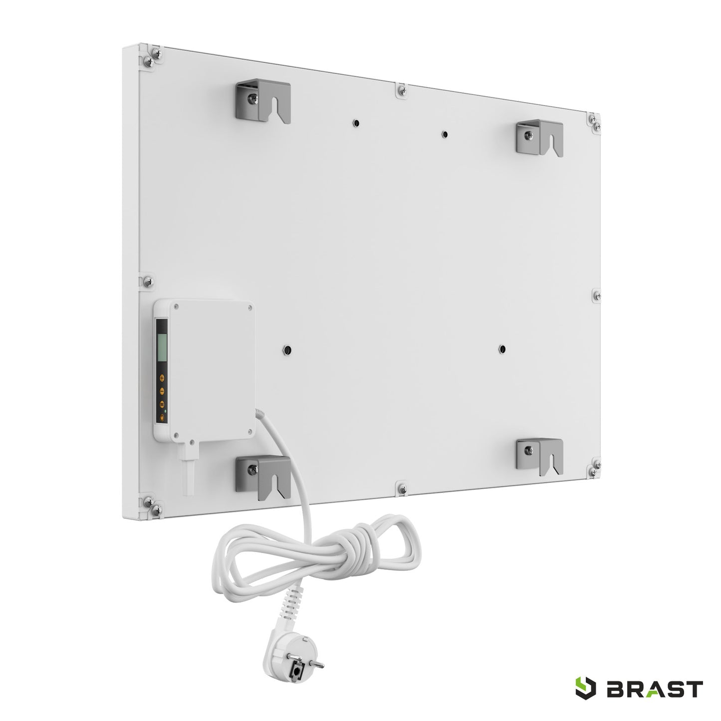 Weiße rechteckige Infrarotheizung mit Thermostat, Wandhalterungen und weißem Stromkabel.
