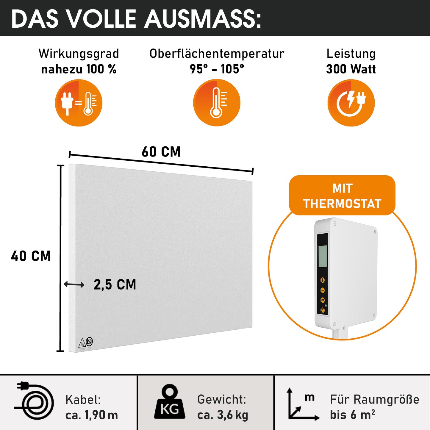 Weiße rechteckige Infrarotheizung 60x40 cm mit Thermostat und digitaler Anzeige.