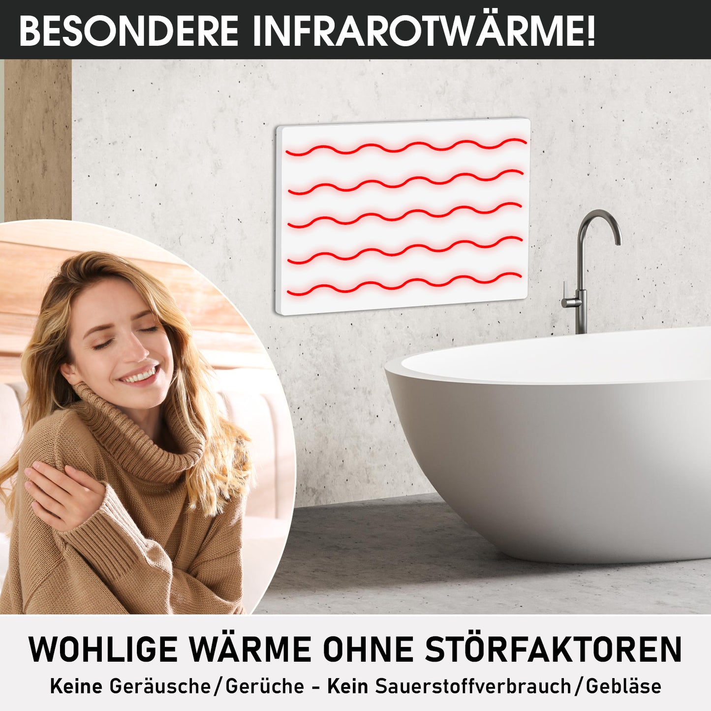 Weiße rechteckige Infrarotheizung mit Thermostat an moderner Badezimmerwand über freistehender Badewanne.