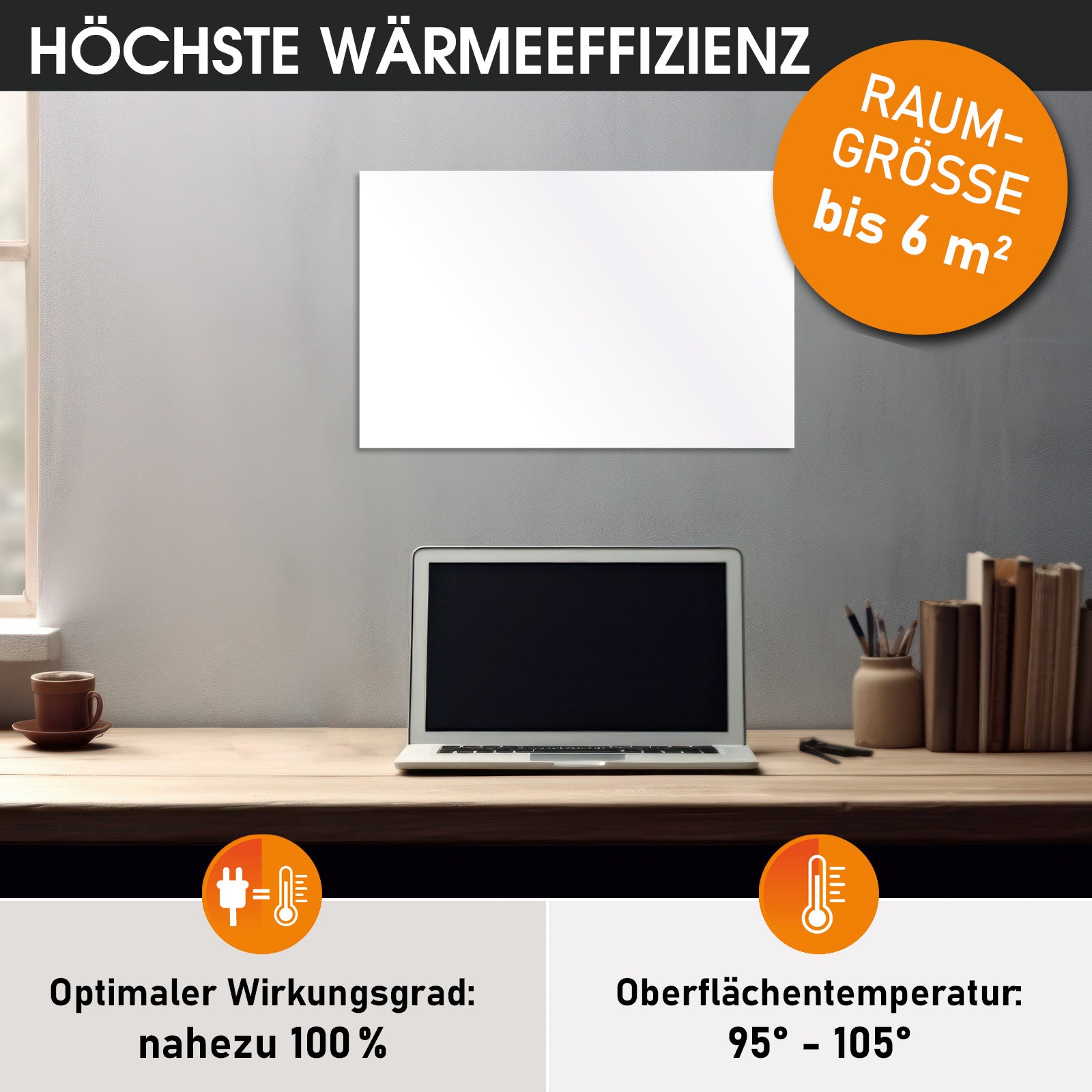 Weiße rechteckige Infrarotheizung mit glatter Oberfläche an grauer Wand über Schreibtisch mit Laptop.