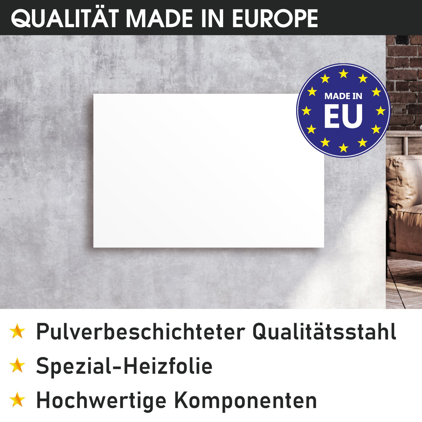 Weiße rechteckige Infrarotheizung aus pulverbeschichtetem Stahl, wandmontiert mit Thermostat.
