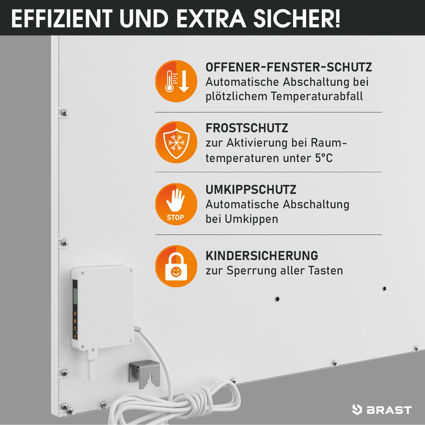 Weiße rechteckige Infrarotheizung mit rotem Thermostatdisplay und Wandbefestigung.