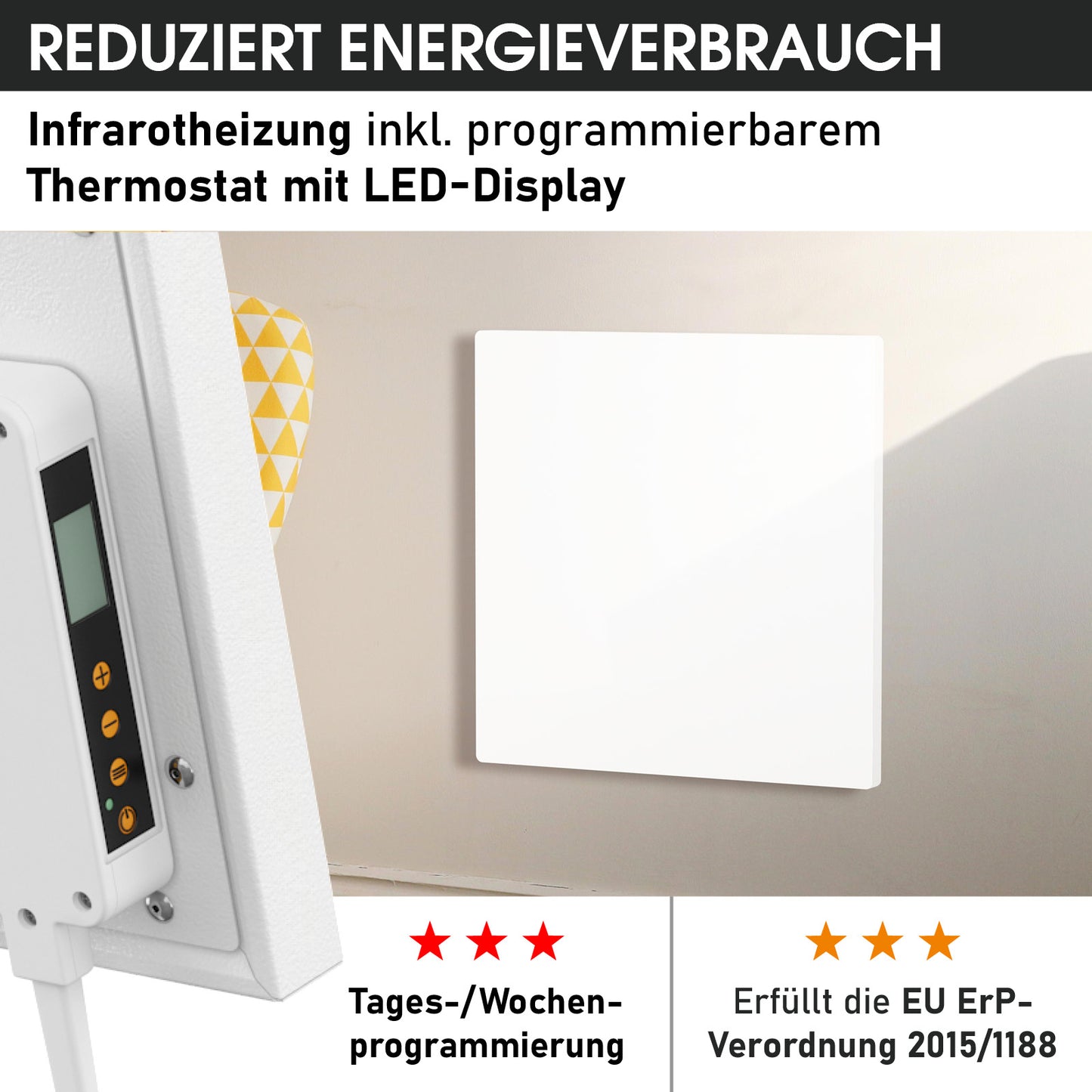 Weiße quadratische Infrarotheizung mit digitalem Thermostat und LED-Display an der Wand montiert.