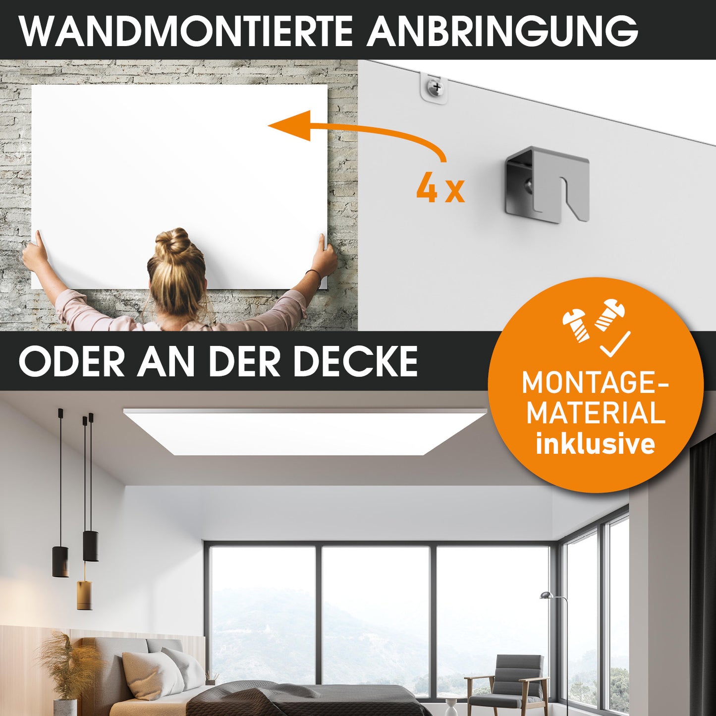 Weißes Wandpanel der BRAST Infrarotheizung IP-TH 450 mit Montagehalterungen, montiert an Wand und Decke.