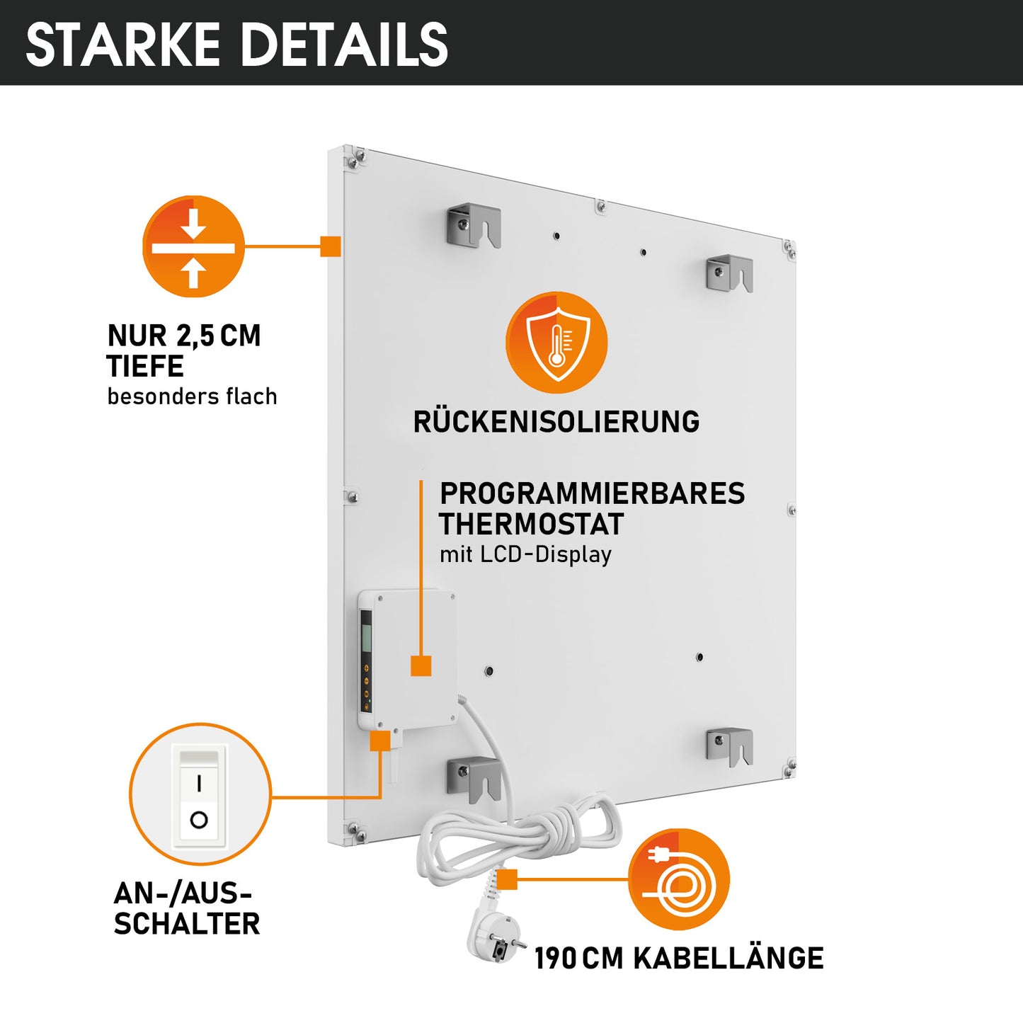 Weiße flache Infrarotheizung mit programmierbarem Thermostat und 190 cm Kabel, 2,5 cm tief.