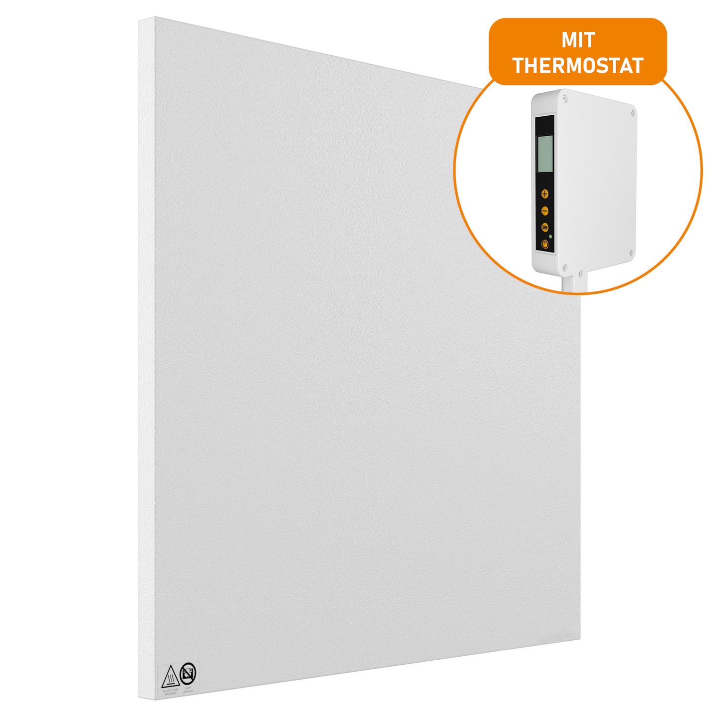 Weiße, flache Infrarotheizung mit integriertem Thermostat, rechteckig, minimalistisches Design.