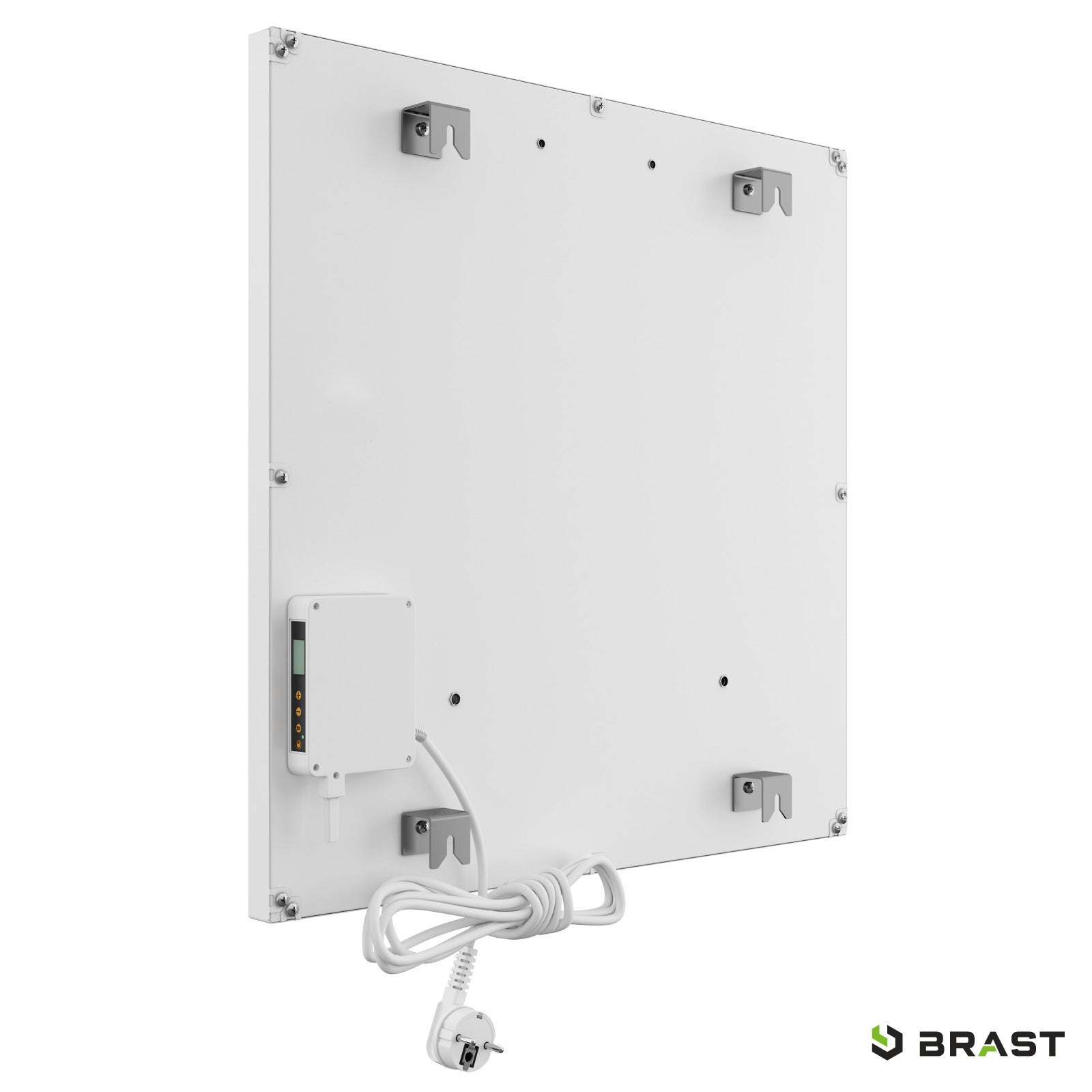 Weiße quadratische Infrarotheizung mit Thermostat und weißem Stromkabel, Wandmontagehalterungen sichtbar.