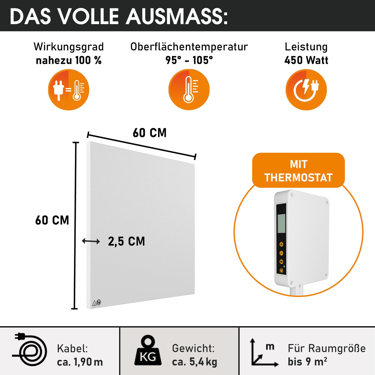 Weiße rechteckige Infrarotheizung 60x60 cm, 2,5 cm dick, mit Thermostat, 450 Watt Leistung.