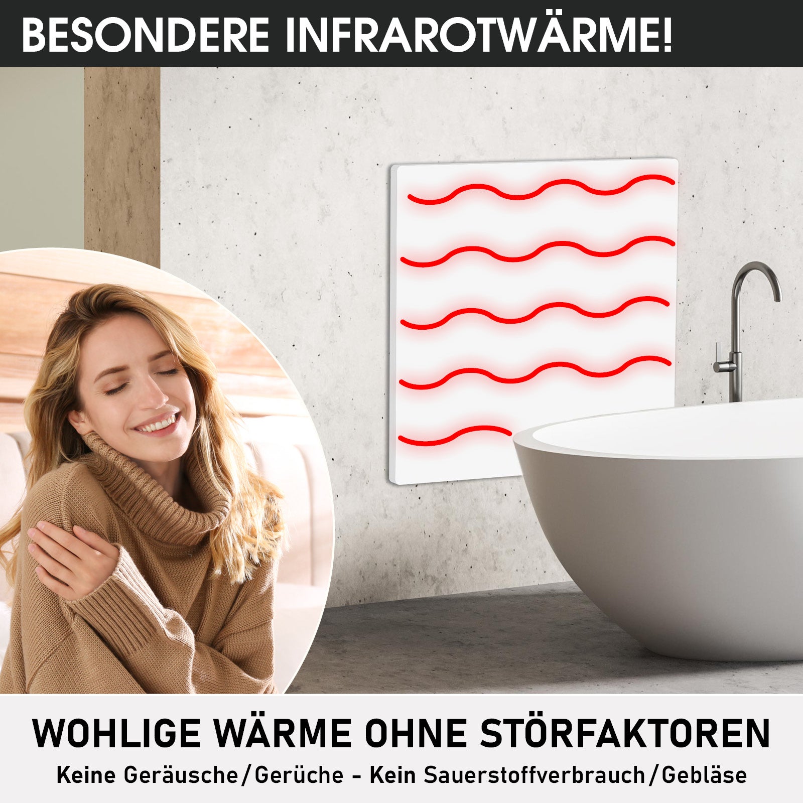 Weiße rechteckige Infrarotheizung mit rotem Wärmewellen-Muster an moderner Badezimmerwand nahe freistehender Badewanne.