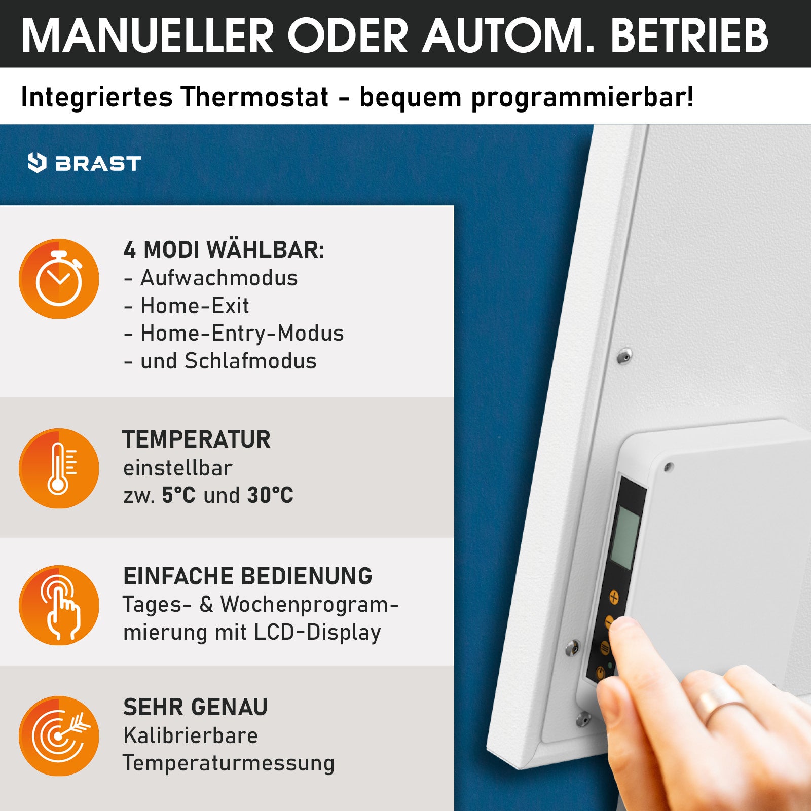 Weiße rechteckige BRAST Infrarotheizung mit integriertem Thermostat und LCD-Display.