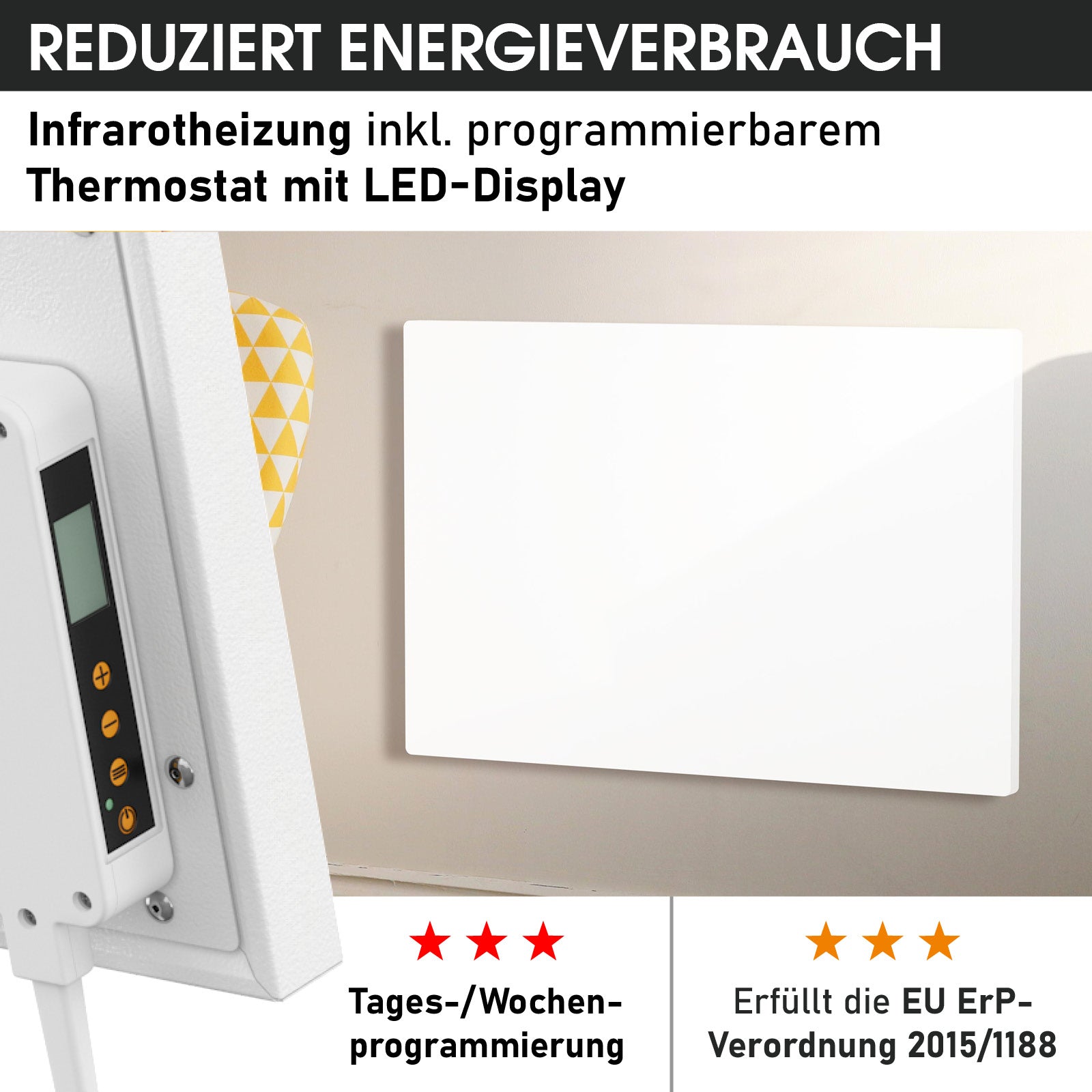 Weiße rechteckige Infrarotheizung mit glatter Front und programmierbarem Thermostat mit LED-Display.