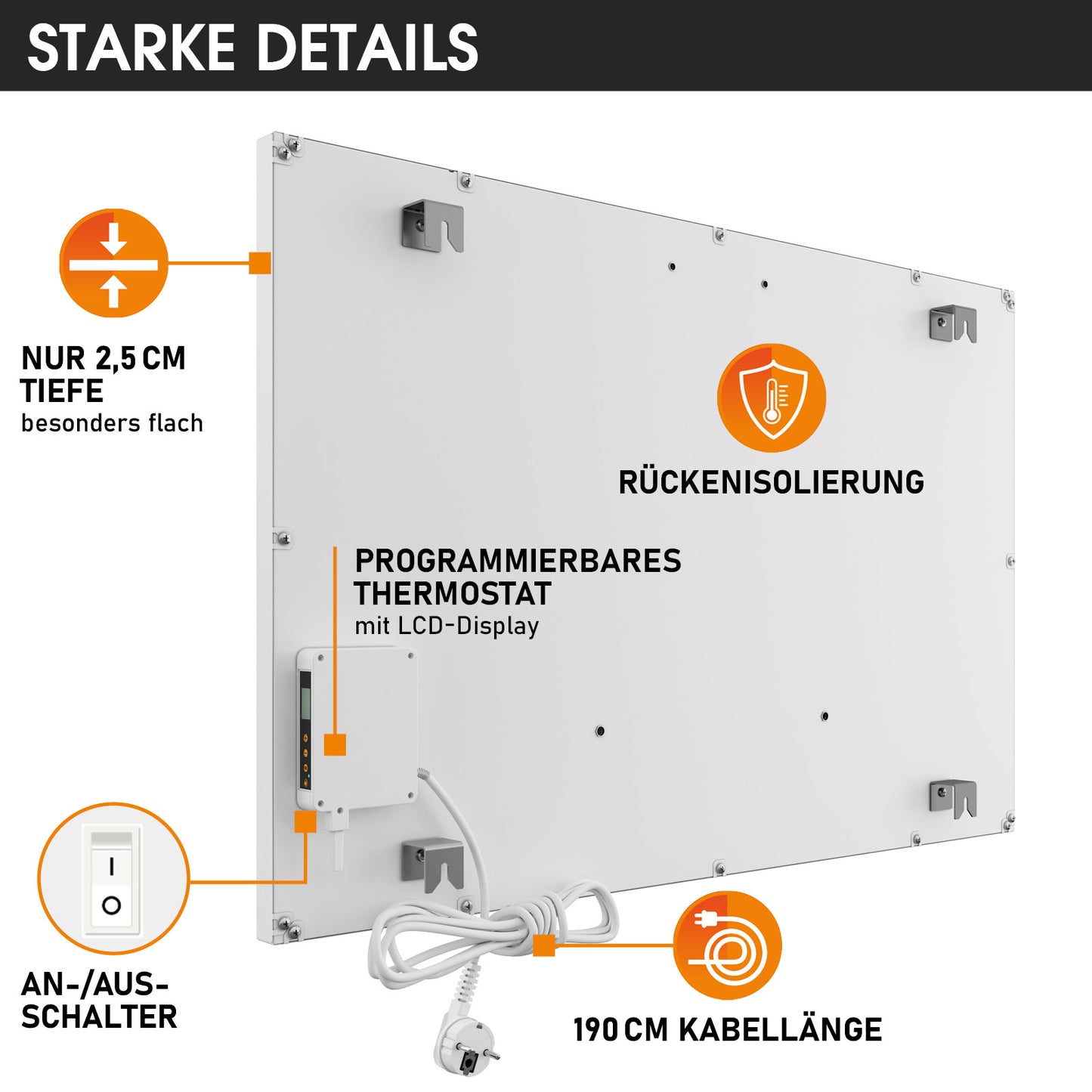 Flache weiße Infrarotheizung mit programmierbarem Thermostat, LCD-Display und 190 cm Kabel.