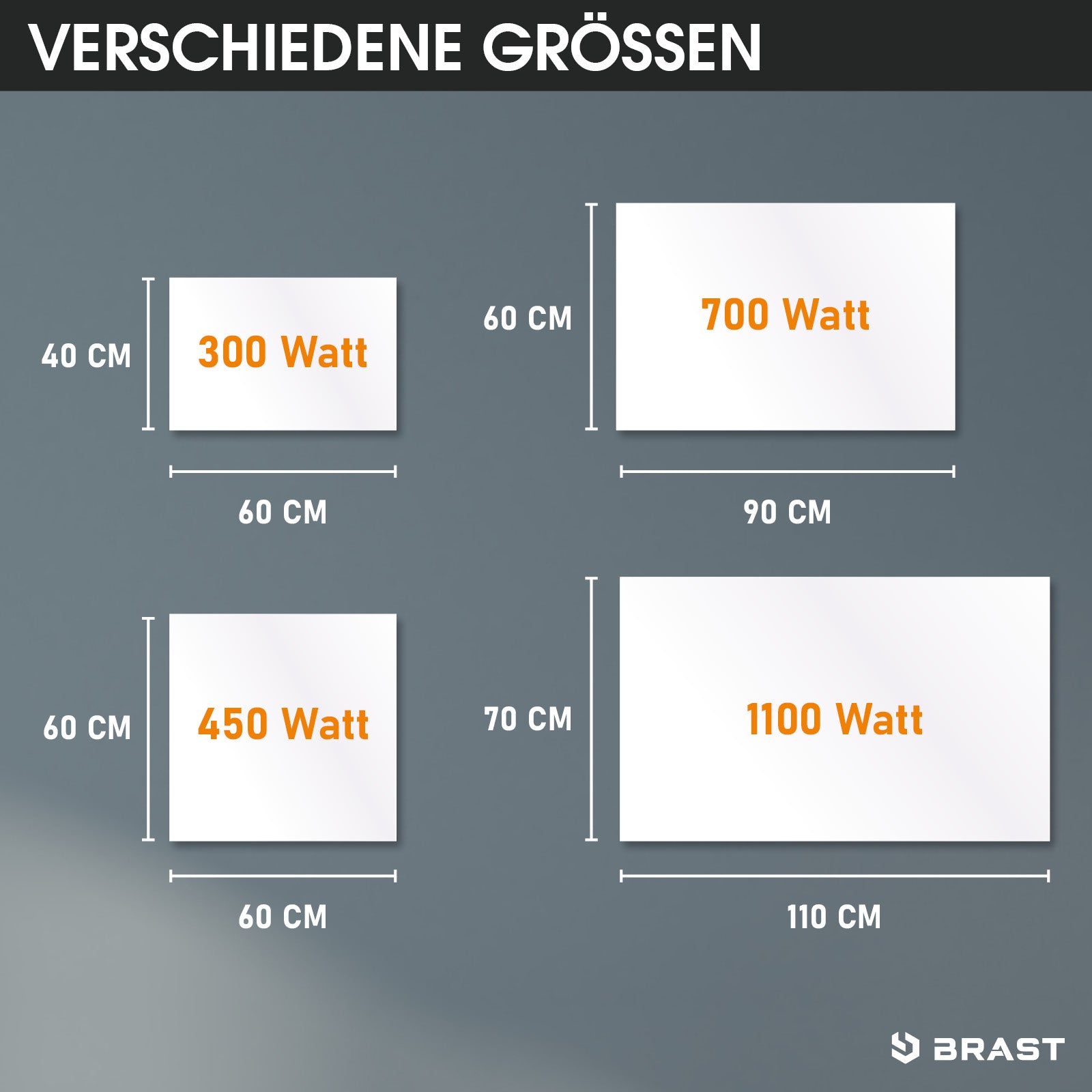 Vier weiße rechteckige Infrarotheizungen in verschiedenen Größen mit Watt-Angaben und grauem Hintergrund.