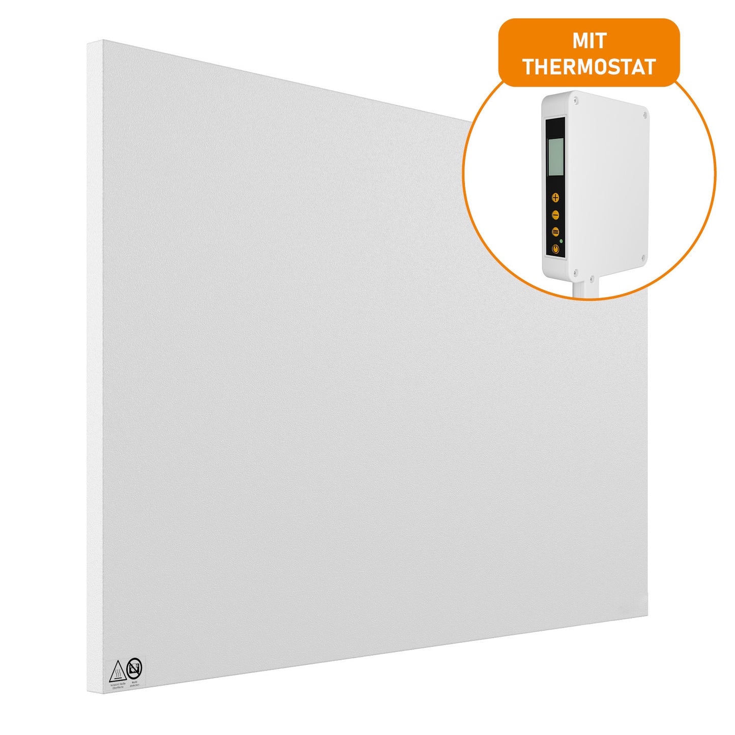Weiße flache Infrarotheizung mit integriertem digitalem Thermostat und minimalistischer Oberfläche.